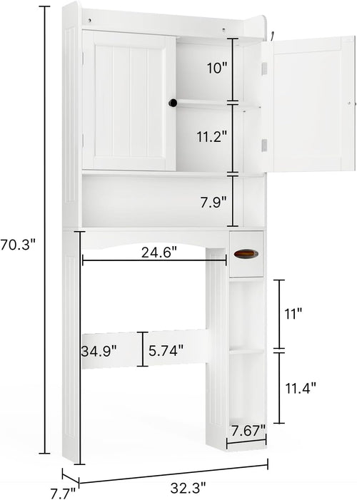 Ahomly Over The Toilet Storage Cabinet, 32.3" W Over Toilet Bathroom Organizer with Doors, Adjustable Shelves, Toilet Paper Holder, 2 Side Hooks, Space-Saver for Bathroom, Laundry, White