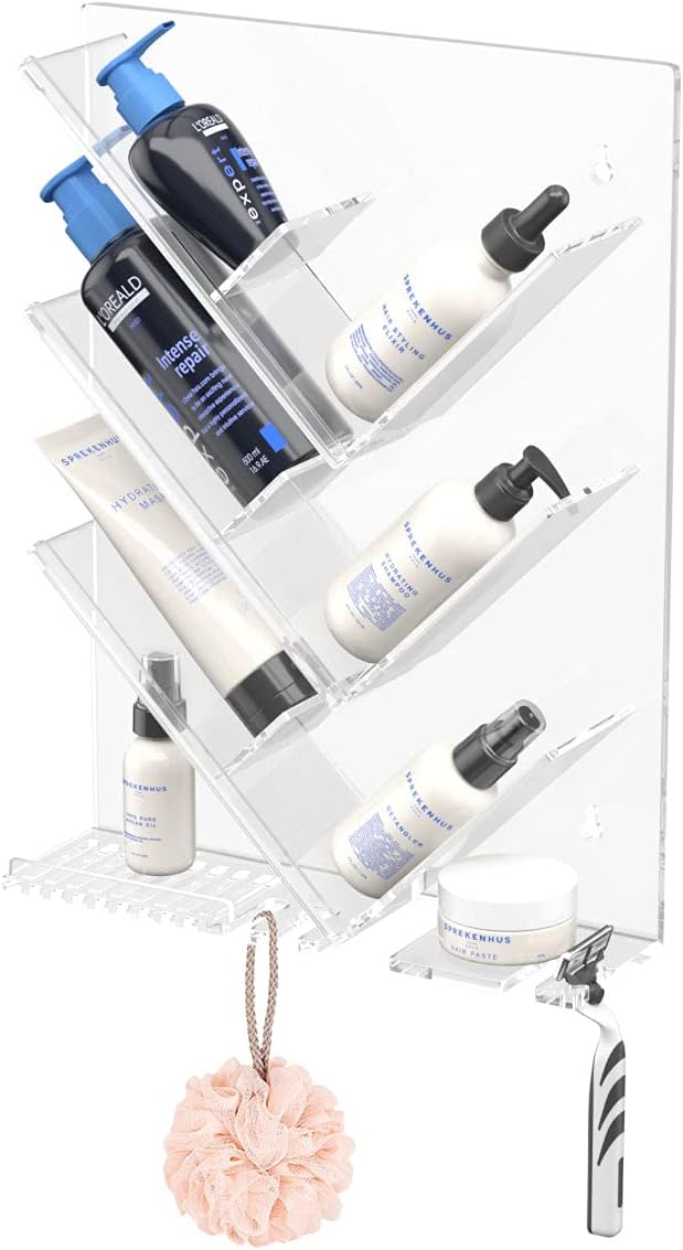 AITEE Acrylic Shower Caddy Organizer for Bathroom, Clear Shampoo Holder Organizer Shelf Wall Mounted, No Drilling and Rustproof, Sturdy and Durable