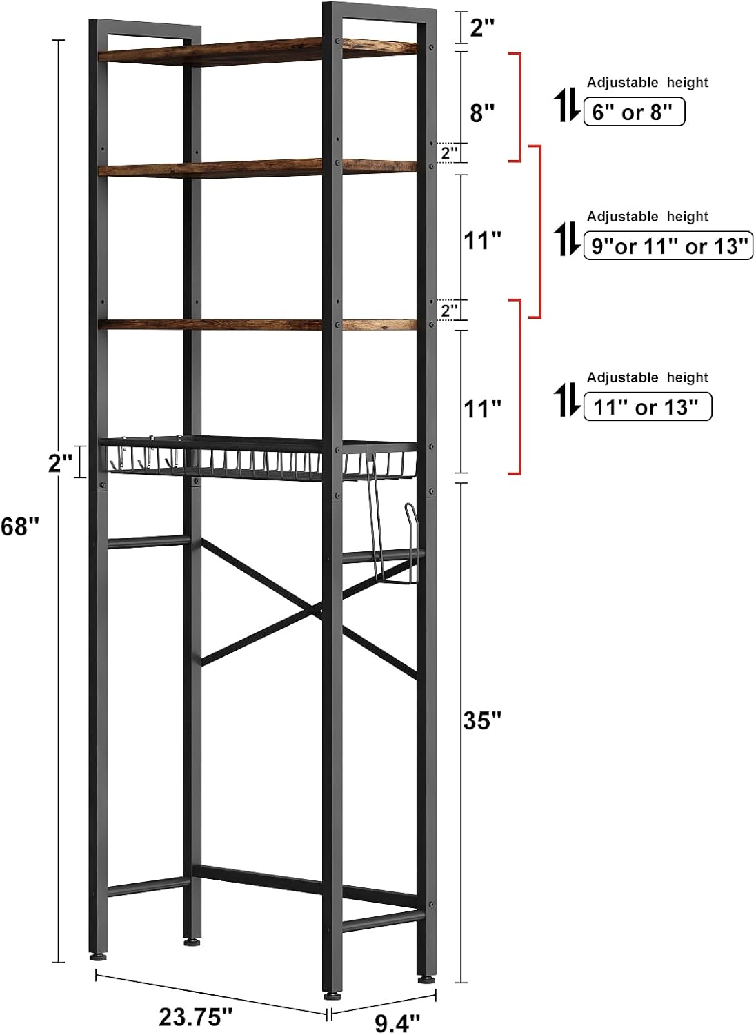 Over-The-Toilet Storage Rack, 4-Tier Bathroom Organizer Shelf Over Toilet with Adjustable Shelf and Basket, Freestanding Space Saver Bathroom Shelves Above Toilet for Room (Vintage Brown)
