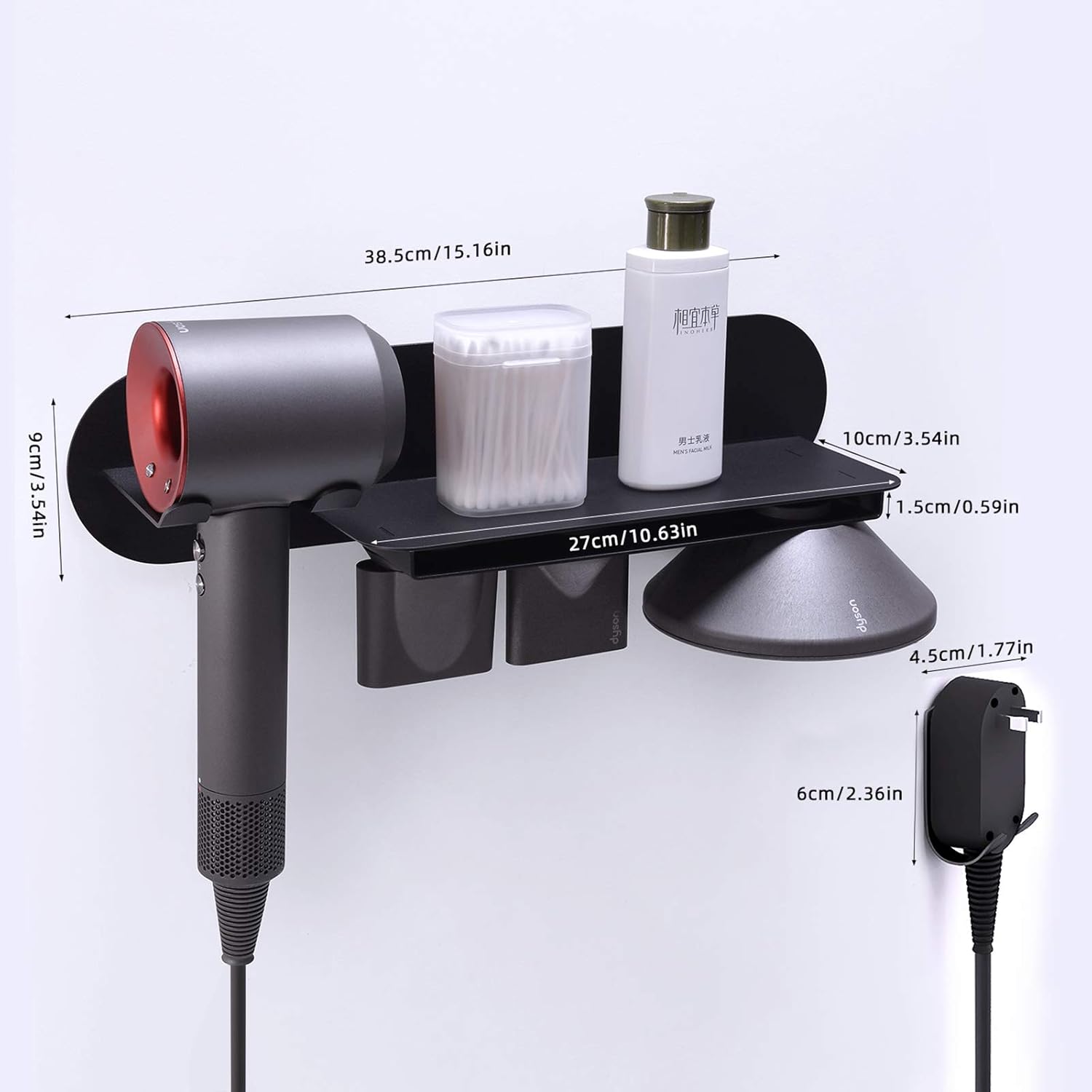 FLE Hair Dryer Holder Wall Mounted with Shelf - Hair Dryer Holder Rack Organizer Compatible for Dyson Supersonic Hair Dryer,Black