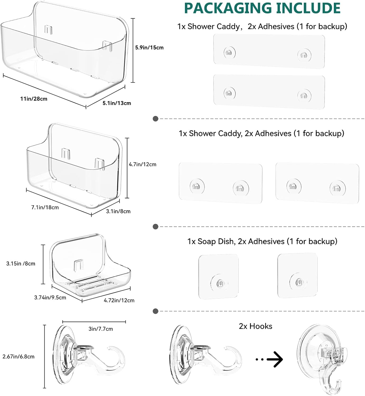 Shower Shelves, 5 Pack Adhesive Clear Acrylic Bathroom Shower Organizer Caddy, Transparent No Drilling Wall Mount Bathroom Storage with Soap Holder and Hooks
