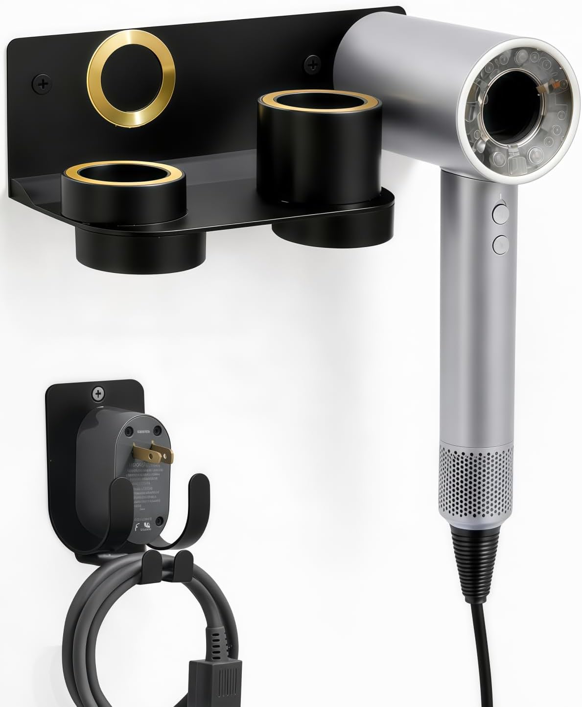 Dyson Hair Dryer Holder Wall Mount, Dyson Blow Dryer Holder for Dyson Attachments, Durable Aluminum Alloy Hair Dryer Wall Mount Hanger for Dyson Attachments Design for Bathroom Black