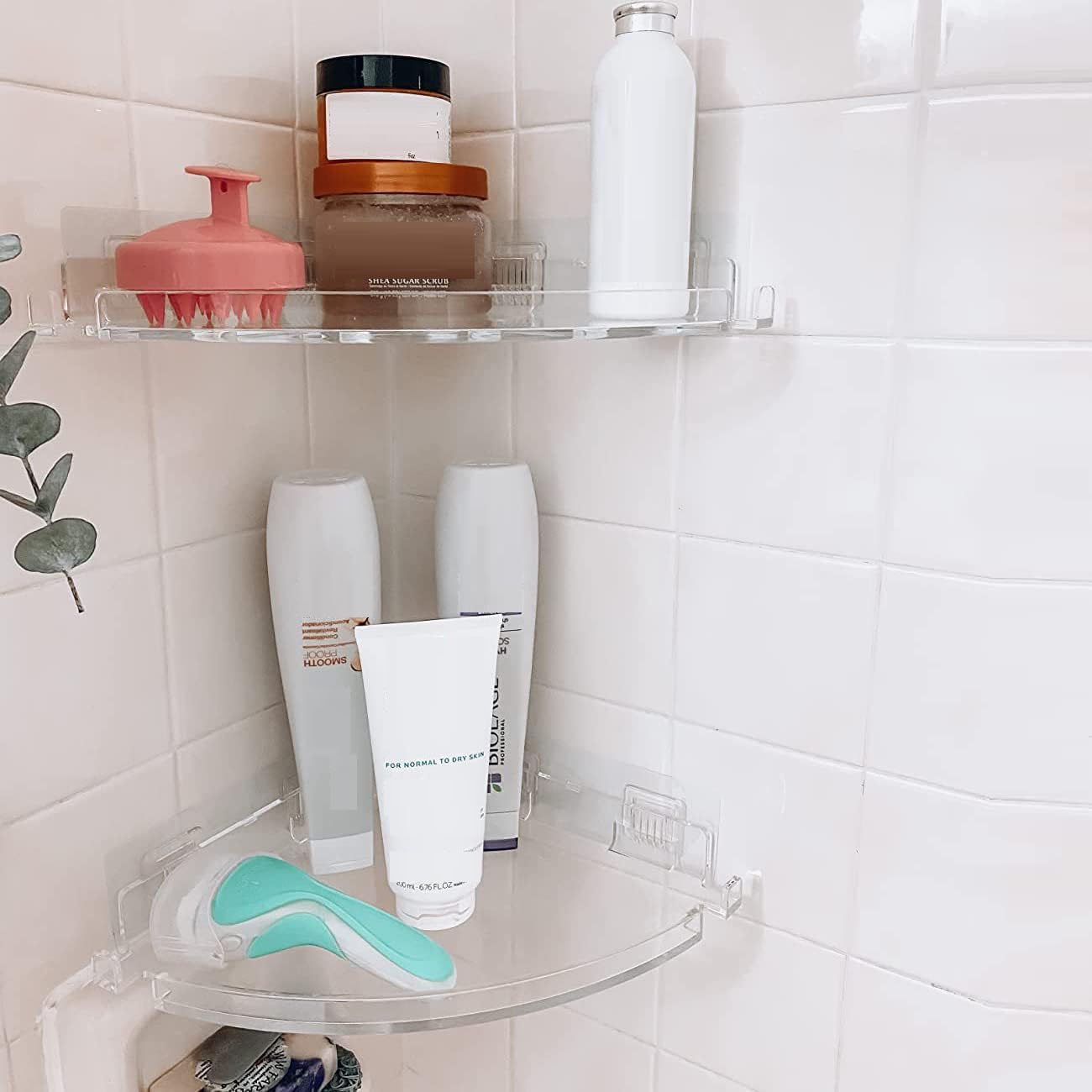 JiePai Acrylic Corner Shower Caddy Shelf with Hooks 2 Pack, Adhesive Wall Mounted Bathroom Shower Organizer for Inside Shower & Kitchen Storage, Space-Saving Design