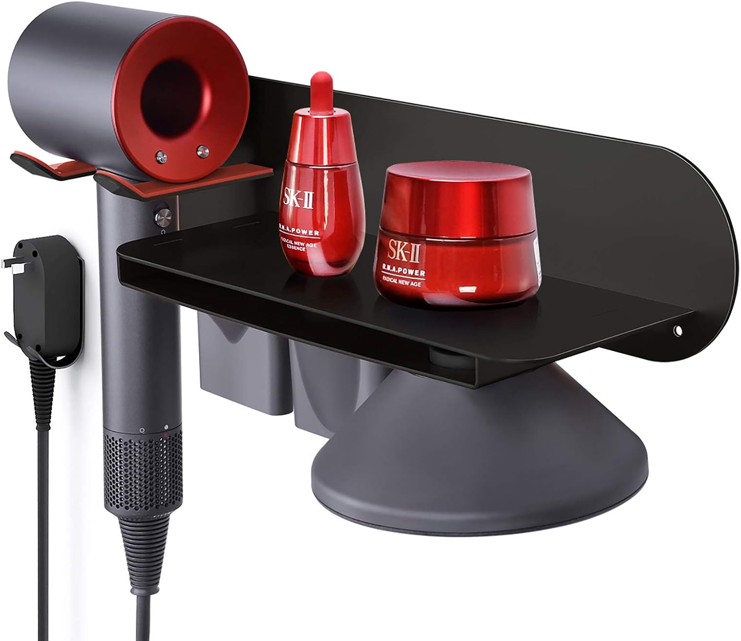 FLE Hair Dryer Holder Wall Mounted with Shelf - Hair Dryer Holder Rack Organizer Compatible for Dyson Supersonic Hair Dryer,Black