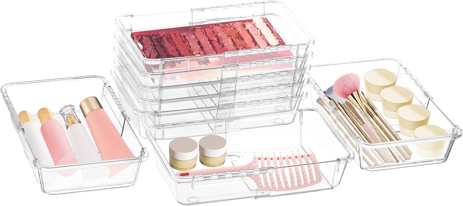 15 Pcs Extendable Clear Drawer Organizer, All Adjustable Vanity Storage Box, 2-Size Desk Drawer Organizer, Acrylic Storage Bins for Makeup, Cosmetic, Bedroom Dressers Tool Organizer for Gadgets