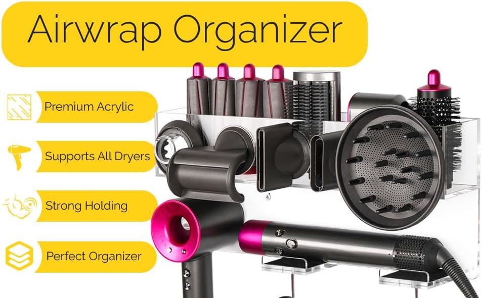 Luxurious Acrylic Wall Mount Airwrap Holder with Power Cables Holding Ability – Sturdy Magnetic Storage Rack Compatible for Dyson Air wrap, Wand Barrels Brushes, Diffuser Nozzles