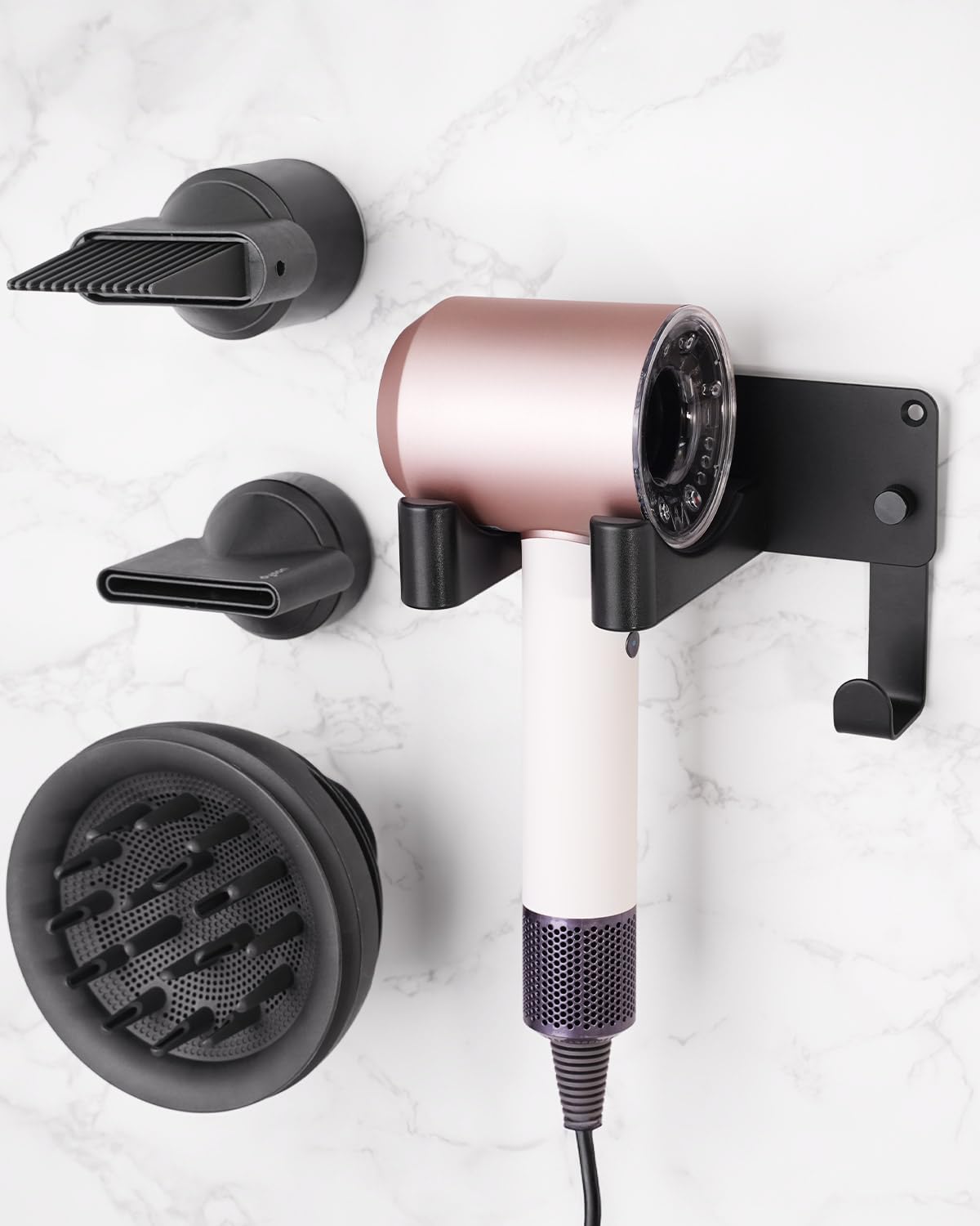 Dyson Hair Dryer Holder, Wall Mounted Aluminum Alloy Hair Dryer Wall Mount for Supersonic/Nural, Dyson Blow Dryer Holder with 3 Magnetic Rings for Salon & Bathroom White UEMUSI