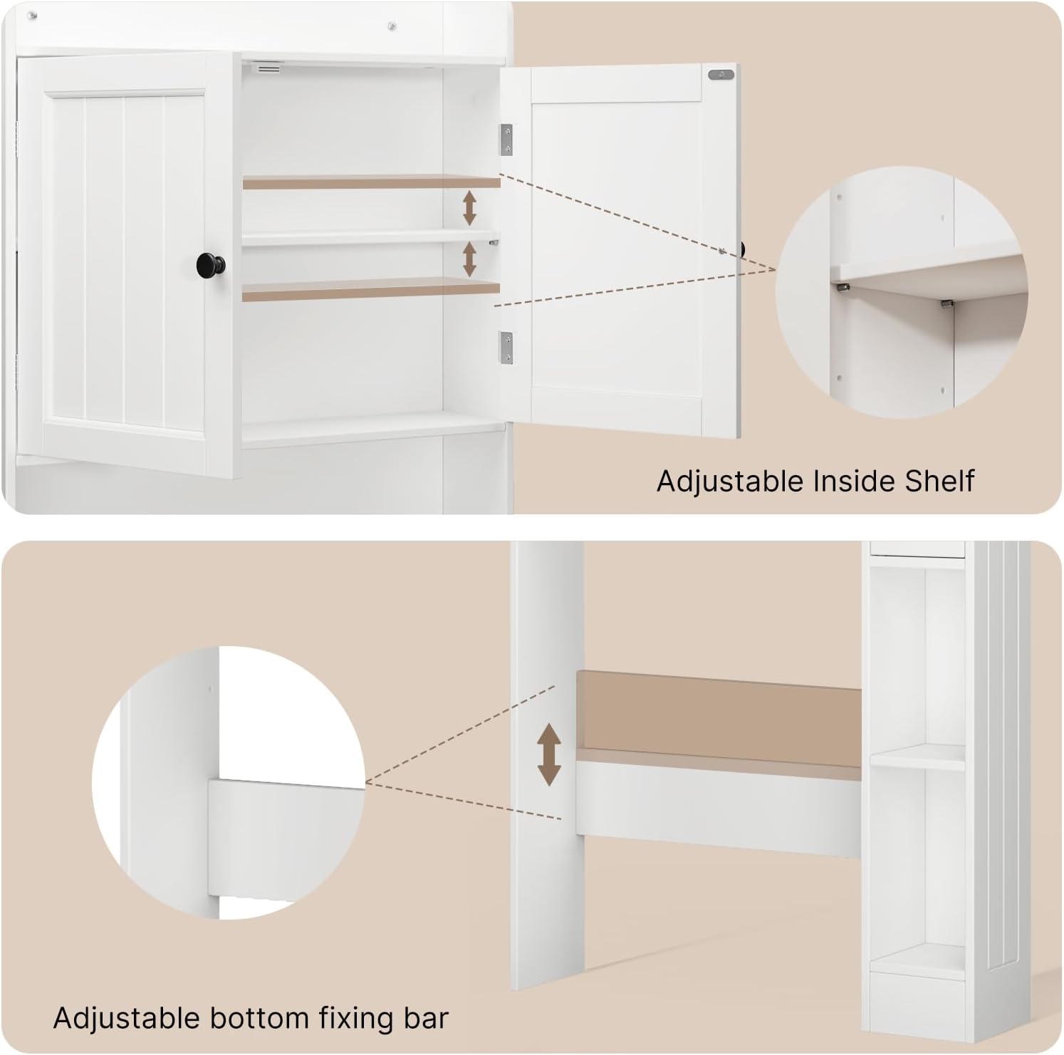 Ahomly Over The Toilet Storage Cabinet, 32.3" W Over Toilet Bathroom Organizer with Doors, Adjustable Shelves, Toilet Paper Holder, 2 Side Hooks, Space-Saver for Bathroom, Laundry, White