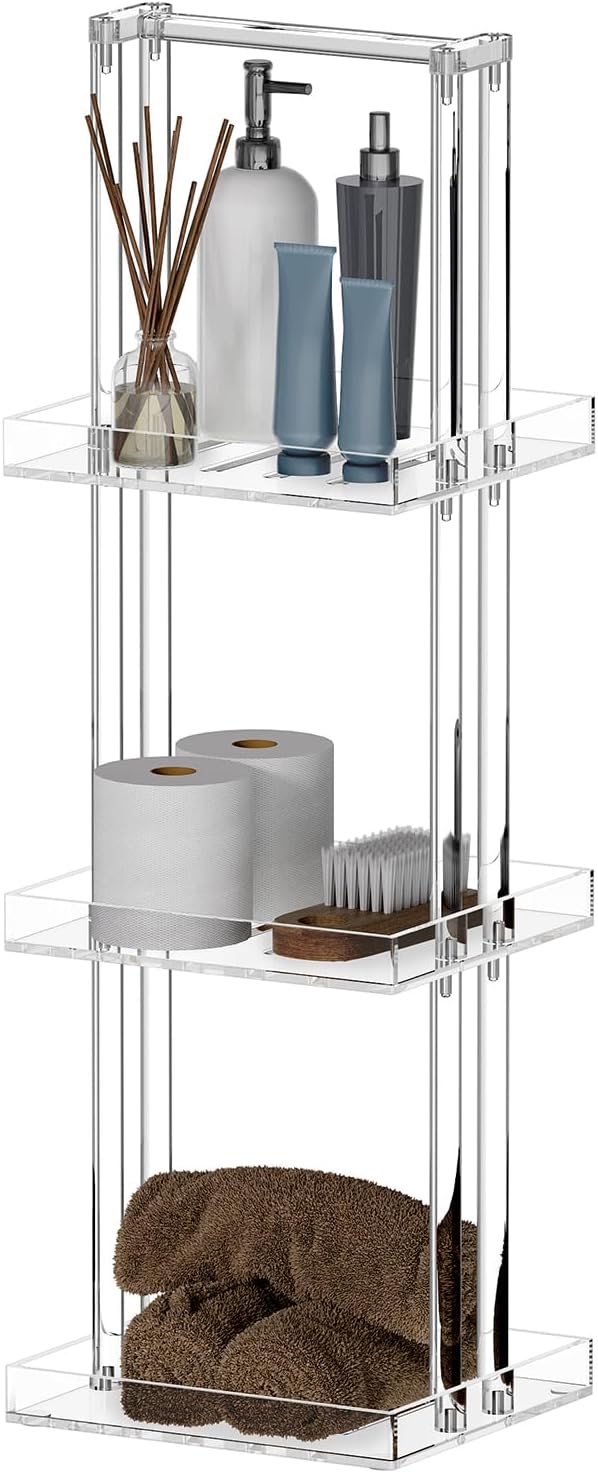 Aquiver Acrylic Standing Shower Caddy - 3 Tier Shower Organizer Stand with Handle - Corner Shower Caddy for Inside Bathroom, Bathtub, 11'' L x 10'' W x 34.6'' H, Clear