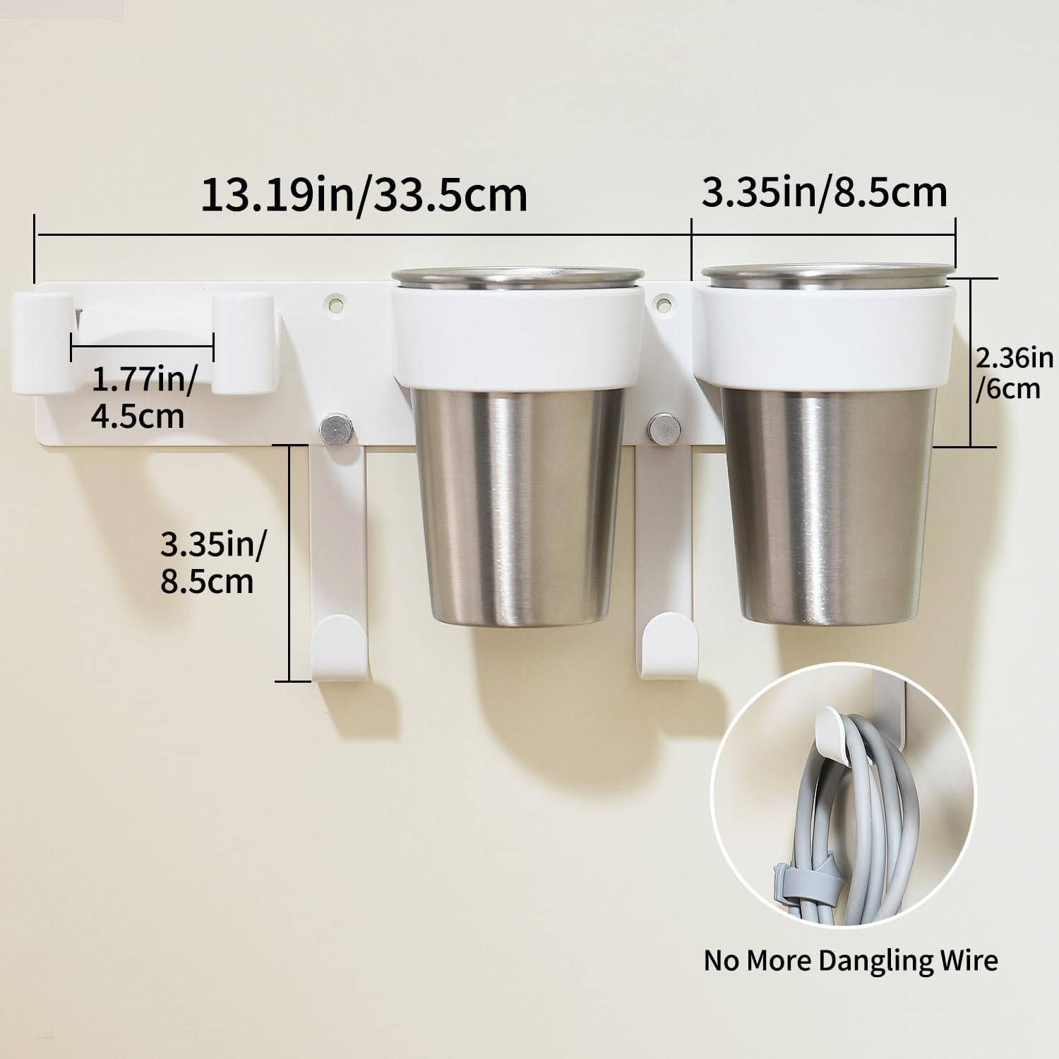 Hot Tools Organizer, Hair Tool Organizer Wall Mount Aluminum Alloy, Space-Saving Curling Iron Holder for Vanity & Bathroom with Stainless Steel Cups White