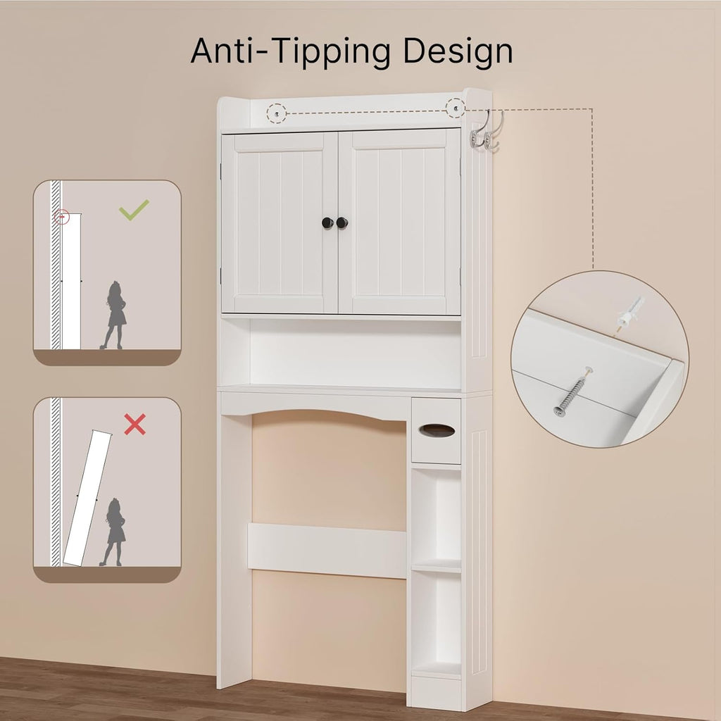 Ahomly Over The Toilet Storage Cabinet, 32.3" W Over Toilet Bathroom Organizer with Doors, Adjustable Shelves, Toilet Paper Holder, 2 Side Hooks, Space-Saver for Bathroom, Laundry, White