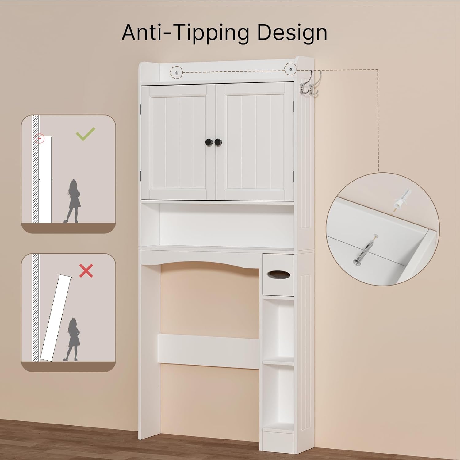 Ahomly Over The Toilet Storage Cabinet, 32.3" W Over Toilet Bathroom Organizer with Doors, Adjustable Shelves, Toilet Paper Holder, 2 Side Hooks, Space-Saver for Bathroom, Laundry, White
