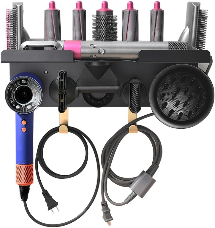 Wall Mount Holder for Dyson Airwrap Styler & HD16 Hair Dryer, 2-in-1 Curling Iron Organizer with Hooks, Magnetic Storage Rack for Accessories Nozzles Barrels Brushes