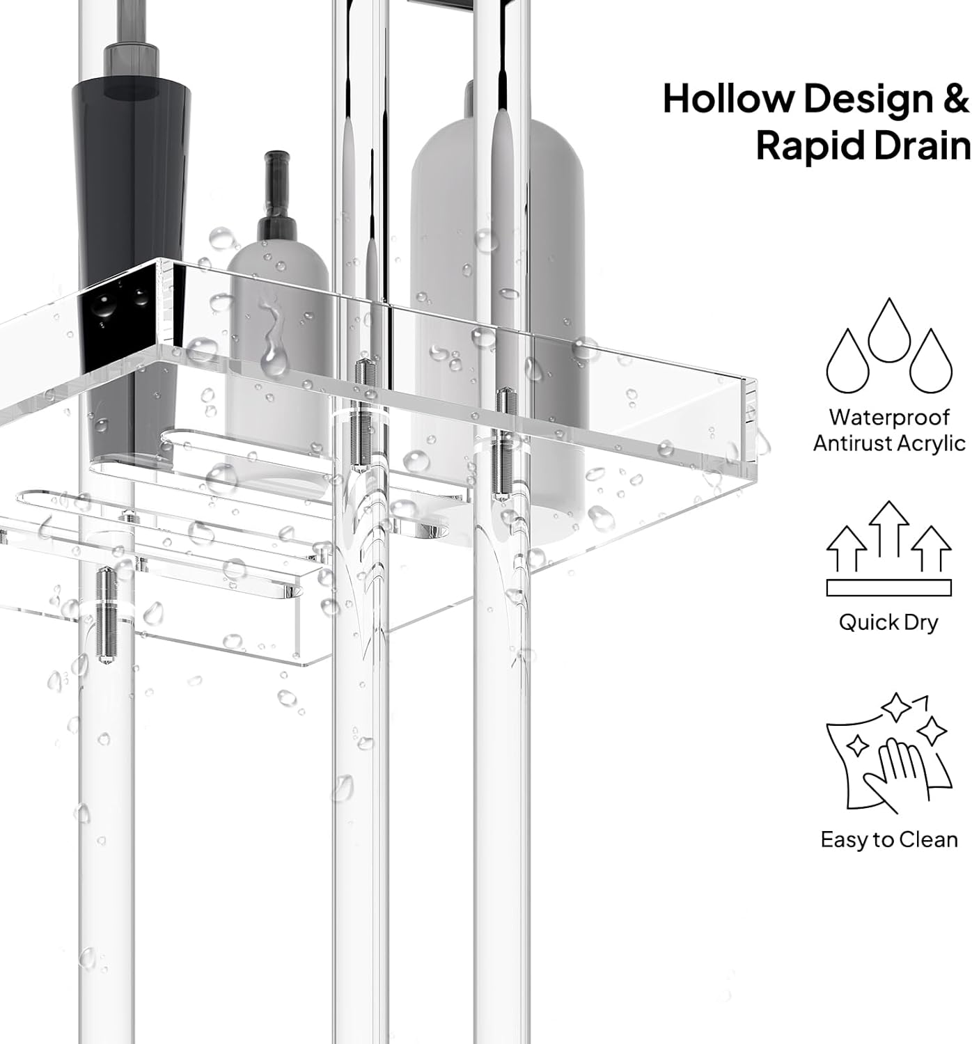 Aquiver Acrylic Standing Shower Caddy - 3 Tier Shower Organizer Stand with Handle - Corner Shower Caddy for Inside Bathroom, Bathtub, 11'' L x 10'' W x 34.6'' H, Clear