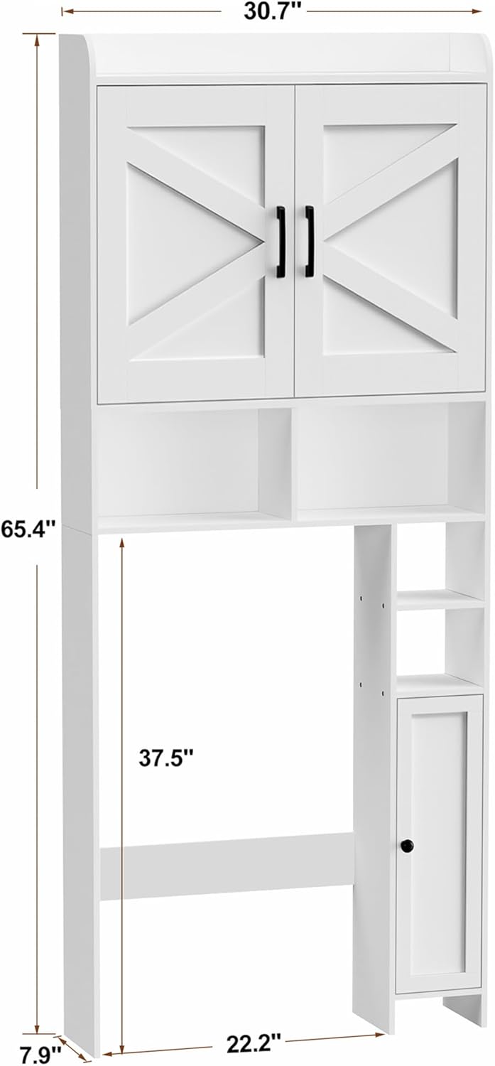 Homhedy Over The Toilet Storage Cabinet with 2 Barn Door and Toilet Paper Holder Stand, FreeStanding Toilet Shelf Space Saver, for Bathroom, Restroom, Laundry, White