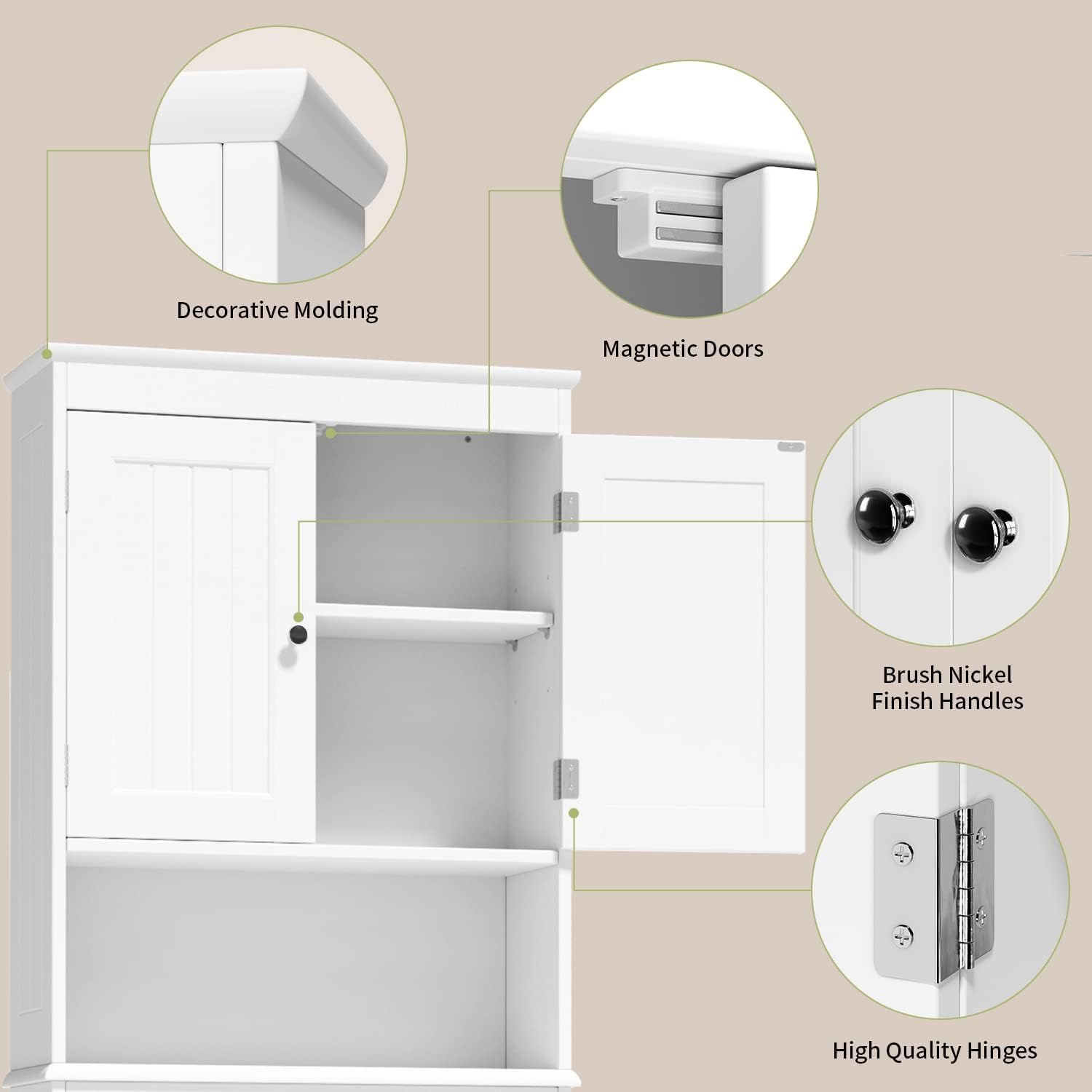 Gizoon Over The Toilet Storage Cabinet with Adjustable Shelf and Double Doors, Bathroom Space Saver Organizer Above Toilet with Open Shelf, Taller Wooden Free Standing Toilet Rack -White