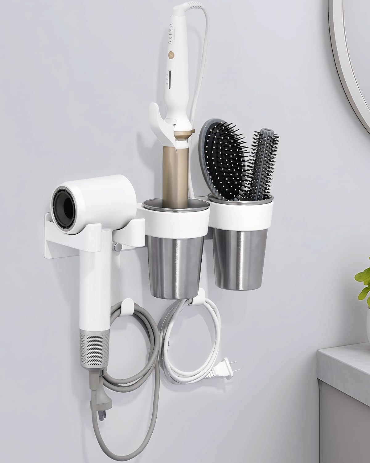 Hot Tools Organizer, Hair Tool Organizer Wall Mount Aluminum Alloy, Space-Saving Curling Iron Holder for Vanity & Bathroom with Stainless Steel Cups White