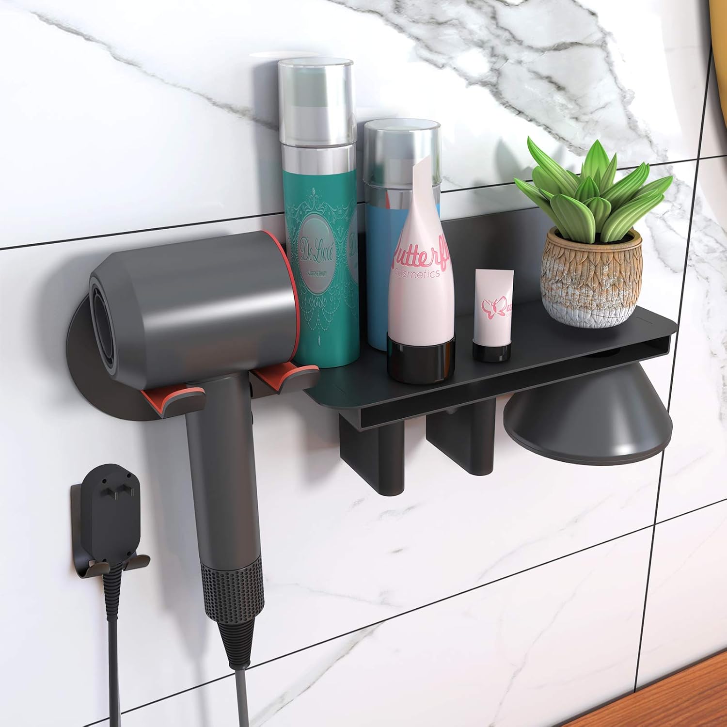 FLE Hair Dryer Holder Wall Mounted with Shelf - Hair Dryer Holder Rack Organizer Compatible for Dyson Supersonic Hair Dryer,Black