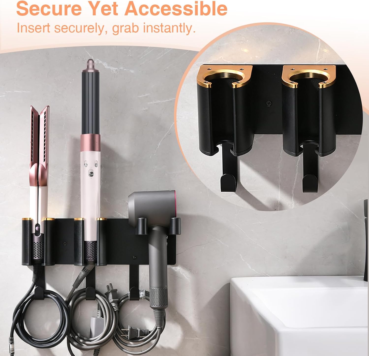 Hair Tools Organizer Holder, Wall-Mounted Holder for Blow Dryer Curling Iron Flat Iron, Metal & ABS Plastic, Black&Gold (Not Including Hair Tools)