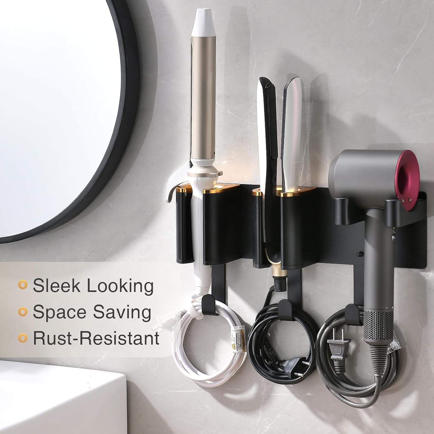 Hair Dryer Holder Wall Mount, Curling Iron Holder, 3 in 1 Hair Tool Organizer for Bathroom Vanity, Hair Straightener Holder, Aluminum Alloy (Hair Tools Not Included)