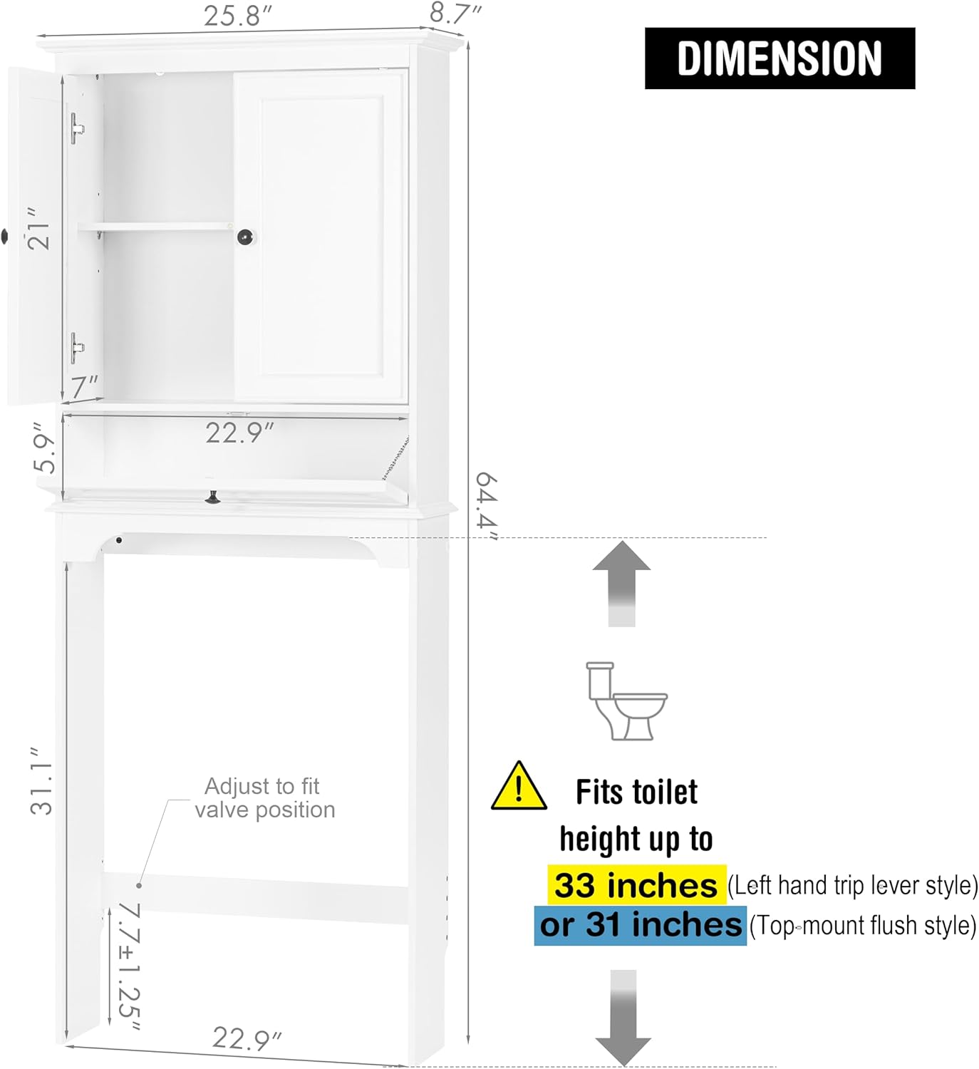 Spirich Over The Toilet Storage Cabinet, Bathroom Above Toilet Storage Cabinet with Doors and Adjustable Shelves, White