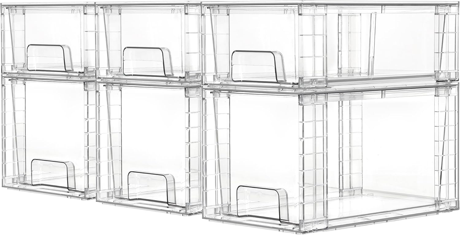 Vtopmart 4 Pack Clear Stackable Storage Drawers,Under Sink and Kitchen Organizers Storage,Easy to Assemble Plastic Drawers for Baby Bottle,Medicine, Bathroom,Cabinet and Pantry Organization