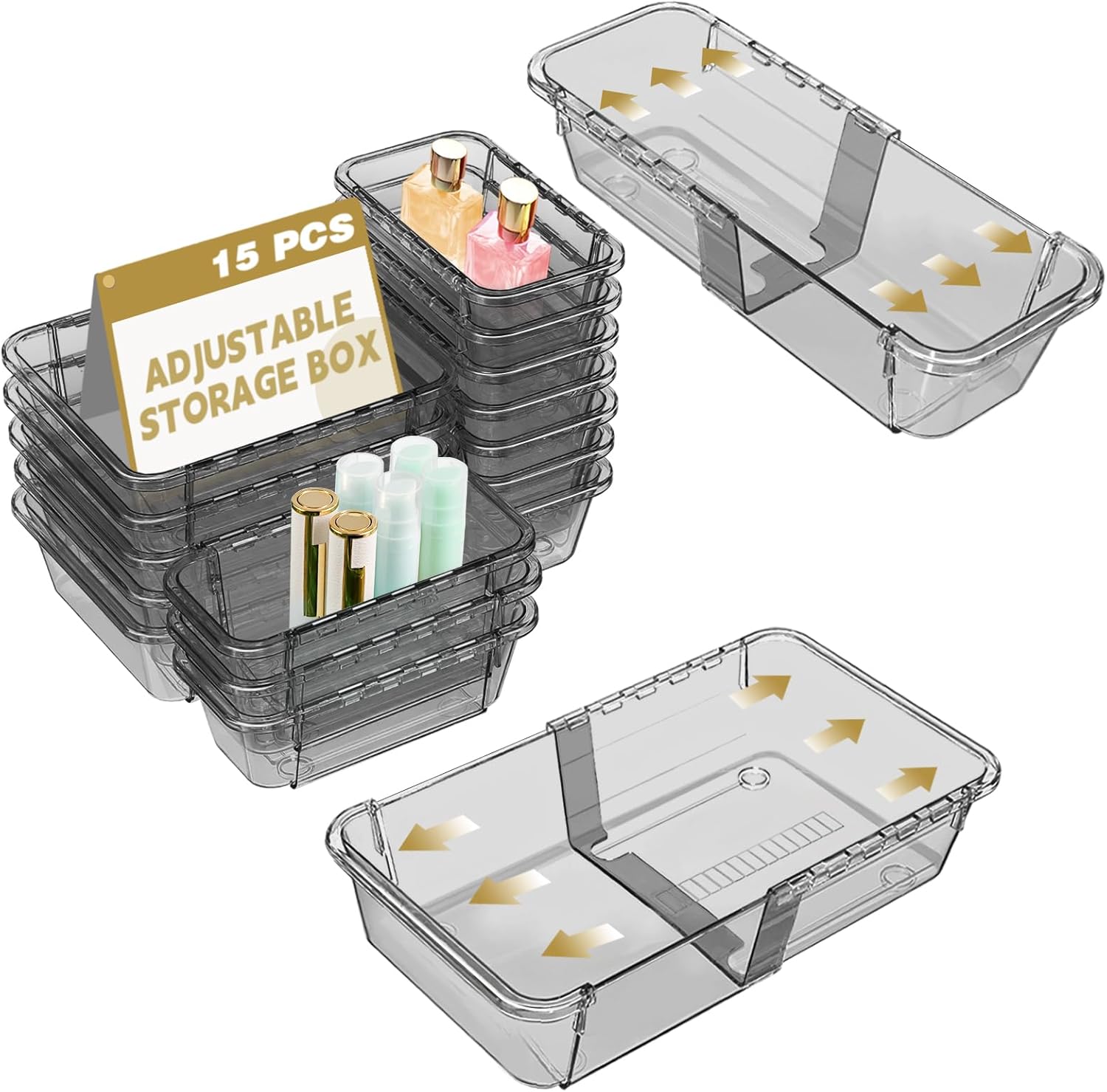 15 Pcs Extendable Clear Drawer Organizer, All Adjustable Vanity Storage Box, 2-Size Desk Drawer Organizer, Acrylic Storage Bins for Makeup, Cosmetic, Bedroom Dressers Tool Organizer for Gadgets