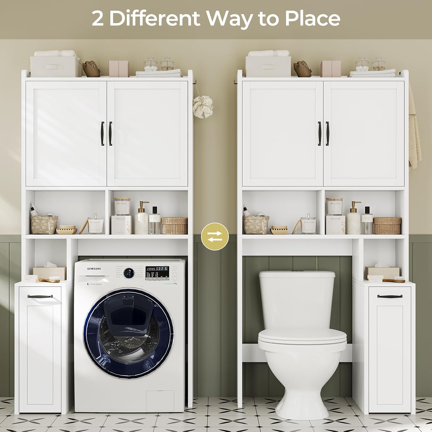 Over The Toilet Storage Cabinet with Pulley Small Bathroom Storage Cabinet, Space Saver W/Adjustable Shelf & Open Shelf for Bathroom, Restroom, Laundry (White)