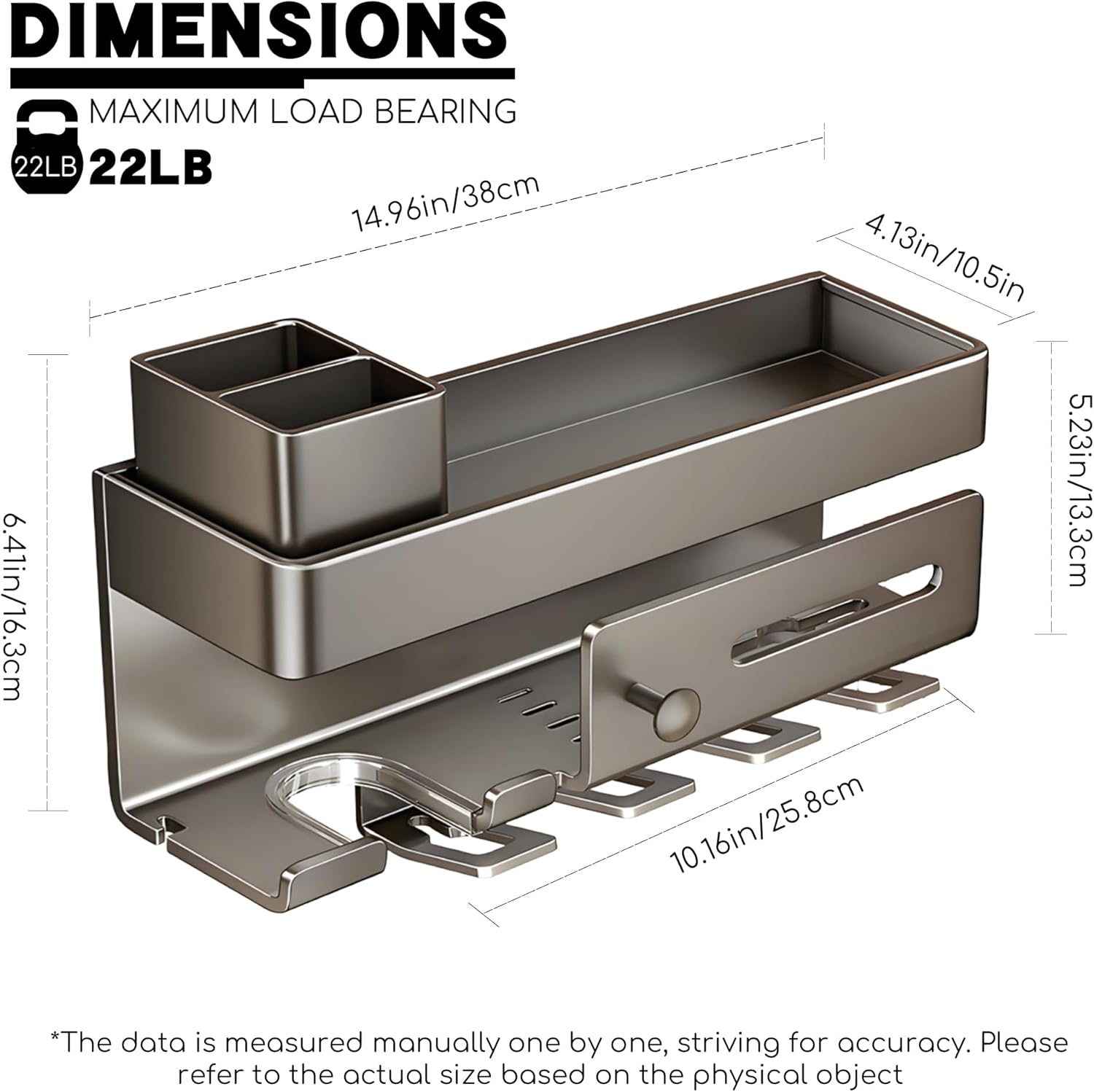 Wall Mounted Bathroom Organizer Shelf with Hair Dryer Holder – Aluminum Alloy Storage Rack for Makeup, Skincare, and Toiletries – No Drilling, Rustproof, Modern Design