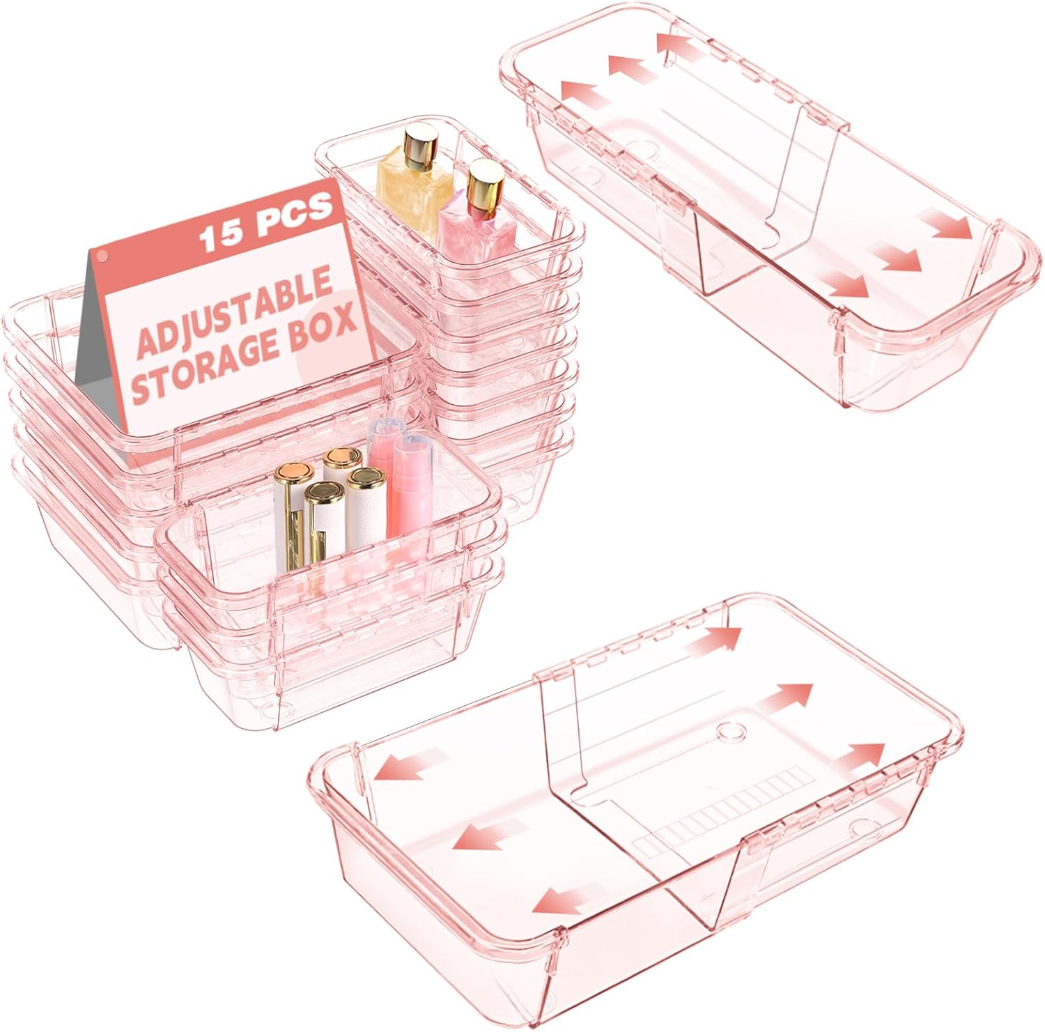 15 Pcs Extendable Clear Drawer Organizer, All Adjustable Vanity Storage Box, 2-Size Desk Drawer Organizer, Acrylic Storage Bins for Makeup, Cosmetic, Bedroom Dressers Tool Organizer for Gadgets