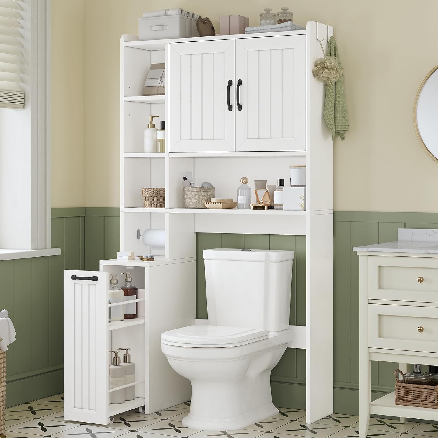 Over The Toilet Storage Cabinet with Pulley Small Bathroom Storage Cabinet, Space Saver W/Adjustable Shelf & Open Shelf for Bathroom, Restroom, Laundry (White)