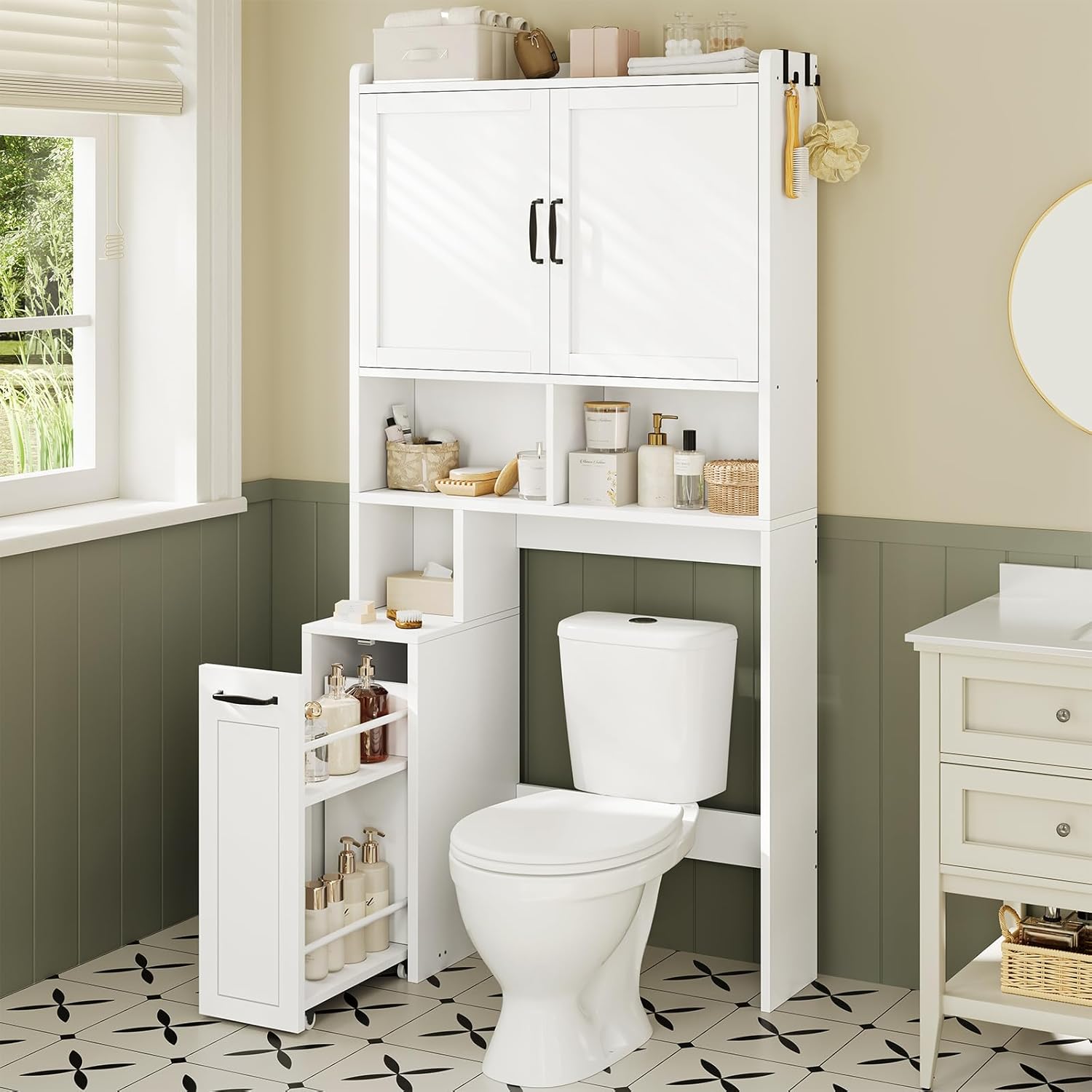 Over The Toilet Storage Cabinet with Pulley Small Bathroom Storage Cabinet, Space Saver W/Adjustable Shelf & Open Shelf for Bathroom, Restroom, Laundry (White)