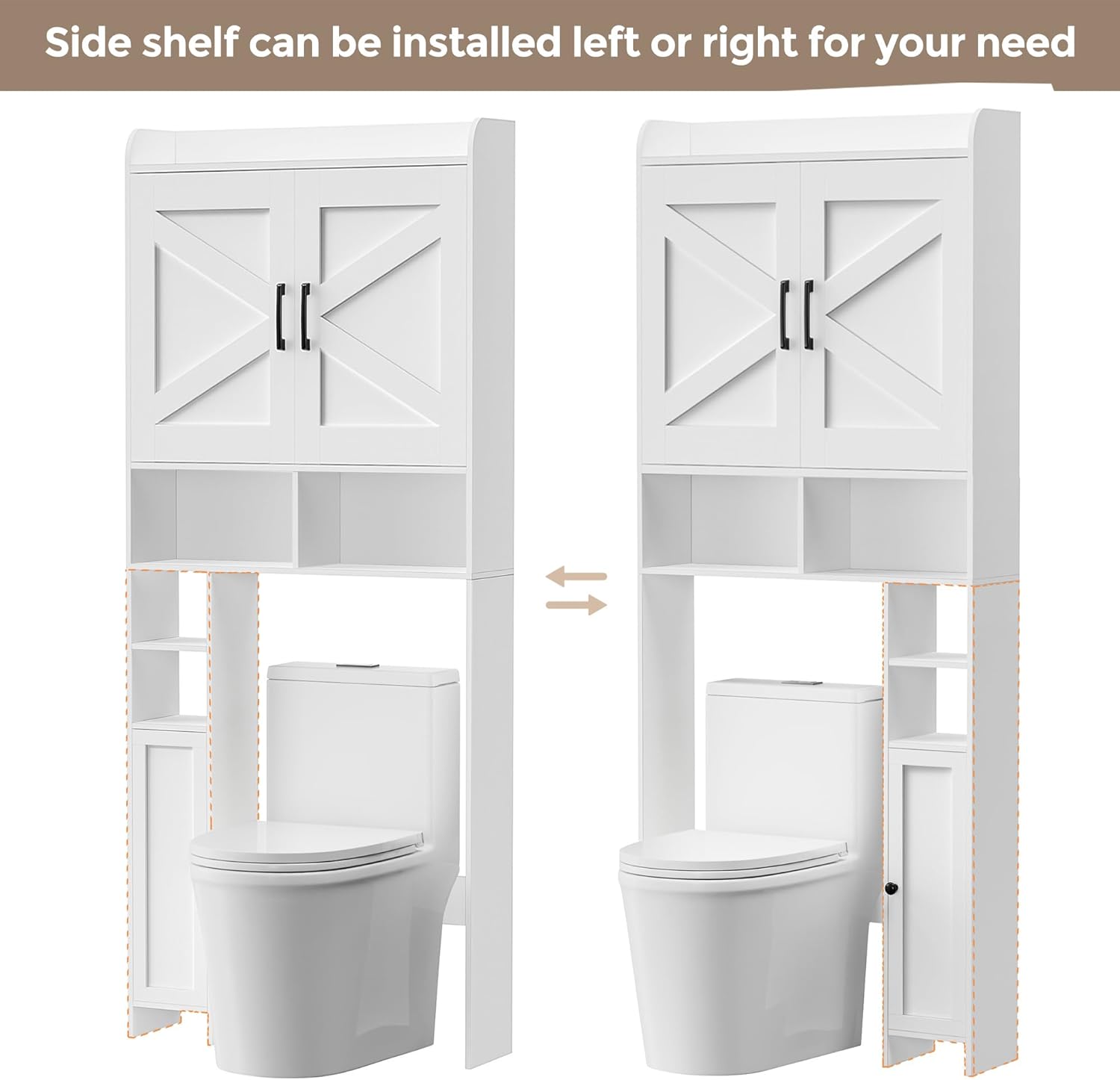 Homhedy Over The Toilet Storage Cabinet with 2 Barn Door and Toilet Paper Holder Stand, FreeStanding Toilet Shelf Space Saver, for Bathroom, Restroom, Laundry, White