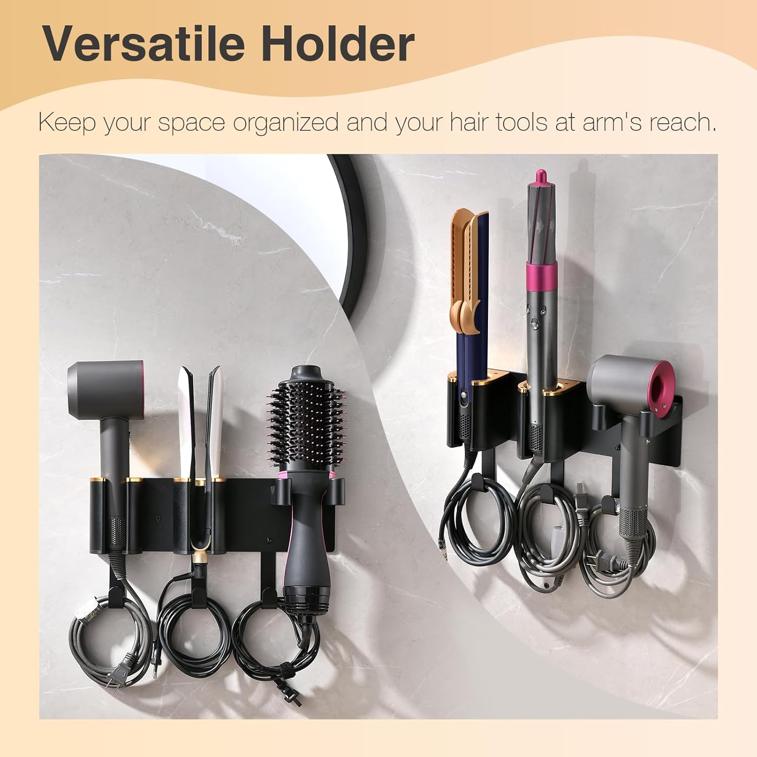 Hair Dryer Holder Wall Mount, Curling Iron Holder, 3 in 1 Hair Tool Organizer for Bathroom Vanity, Hair Straightener Holder, Aluminum Alloy (Hair Tools Not Included)