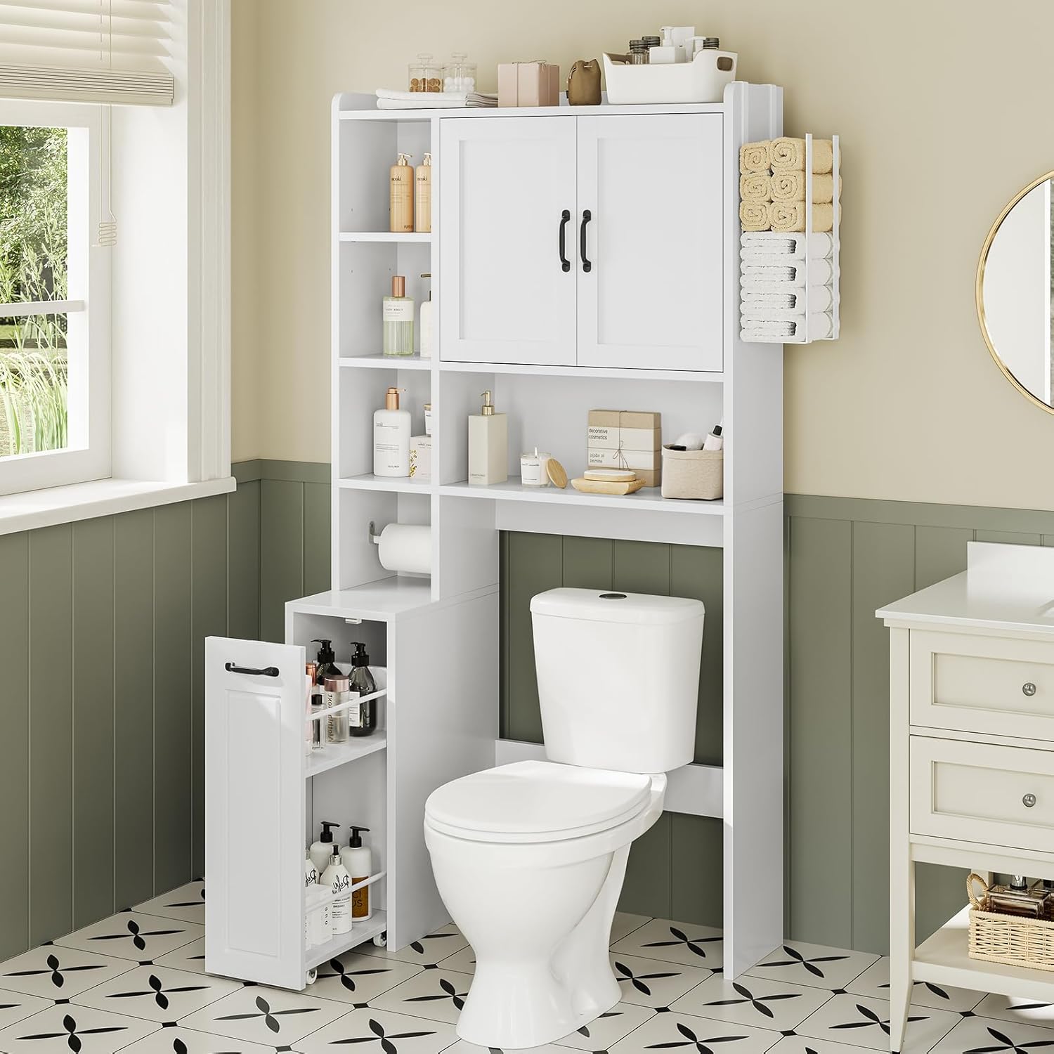 Over The Toilet Storage Cabinet with Pulley Small Bathroom Storage Cabinet, Space Saver W/Adjustable Shelf & Open Shelf for Bathroom, Restroom, Laundry (White)