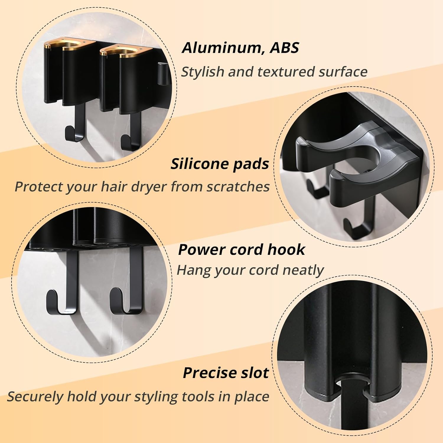 Hair Dryer Holder Wall Mount, Curling Iron Holder, 3 in 1 Hair Tool Organizer for Bathroom Vanity, Hair Straightener Holder, Aluminum Alloy (Hair Tools Not Included)