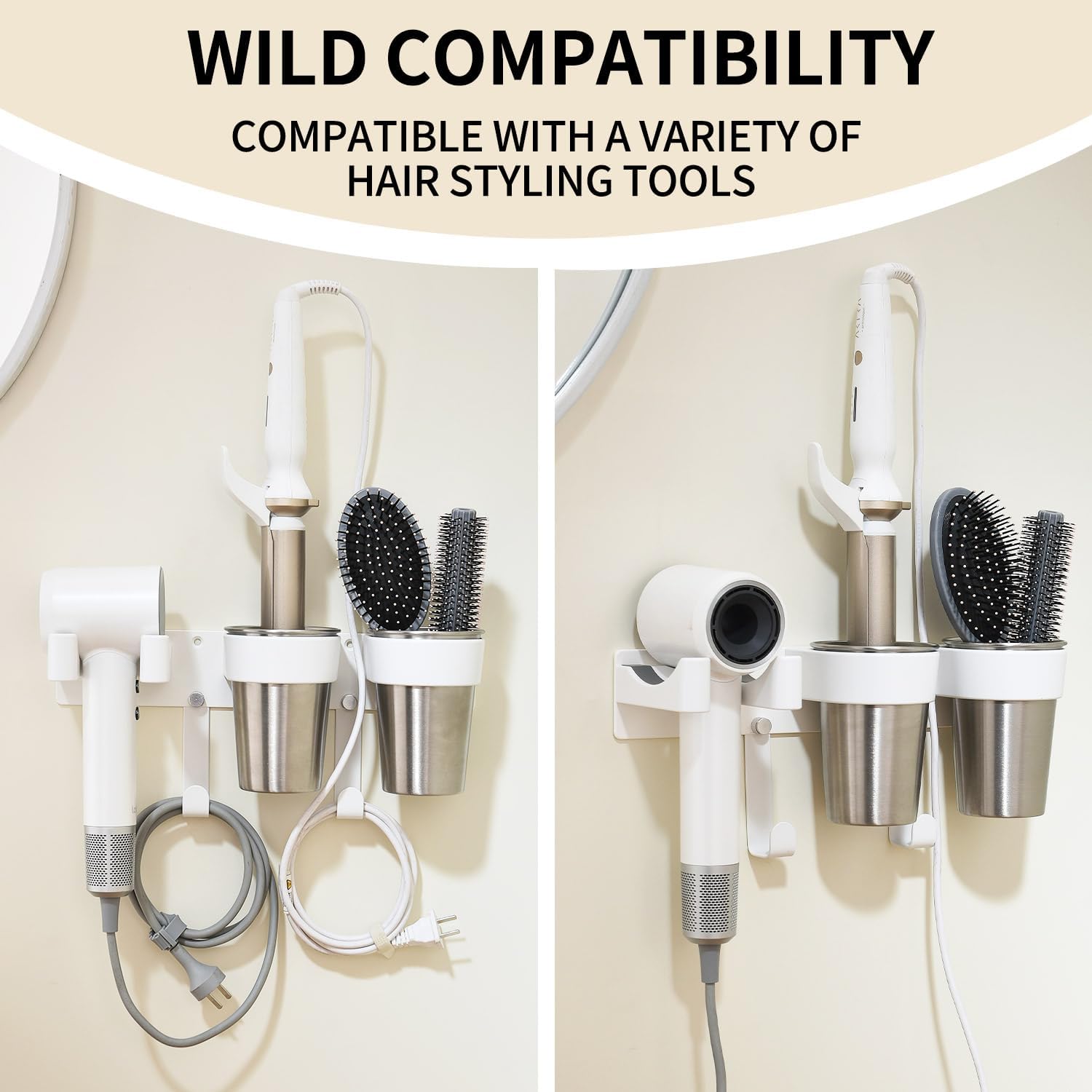 Hot Tools Organizer, Hair Tool Organizer Wall Mount Aluminum Alloy, Space-Saving Curling Iron Holder for Vanity & Bathroom with Stainless Steel Cups White