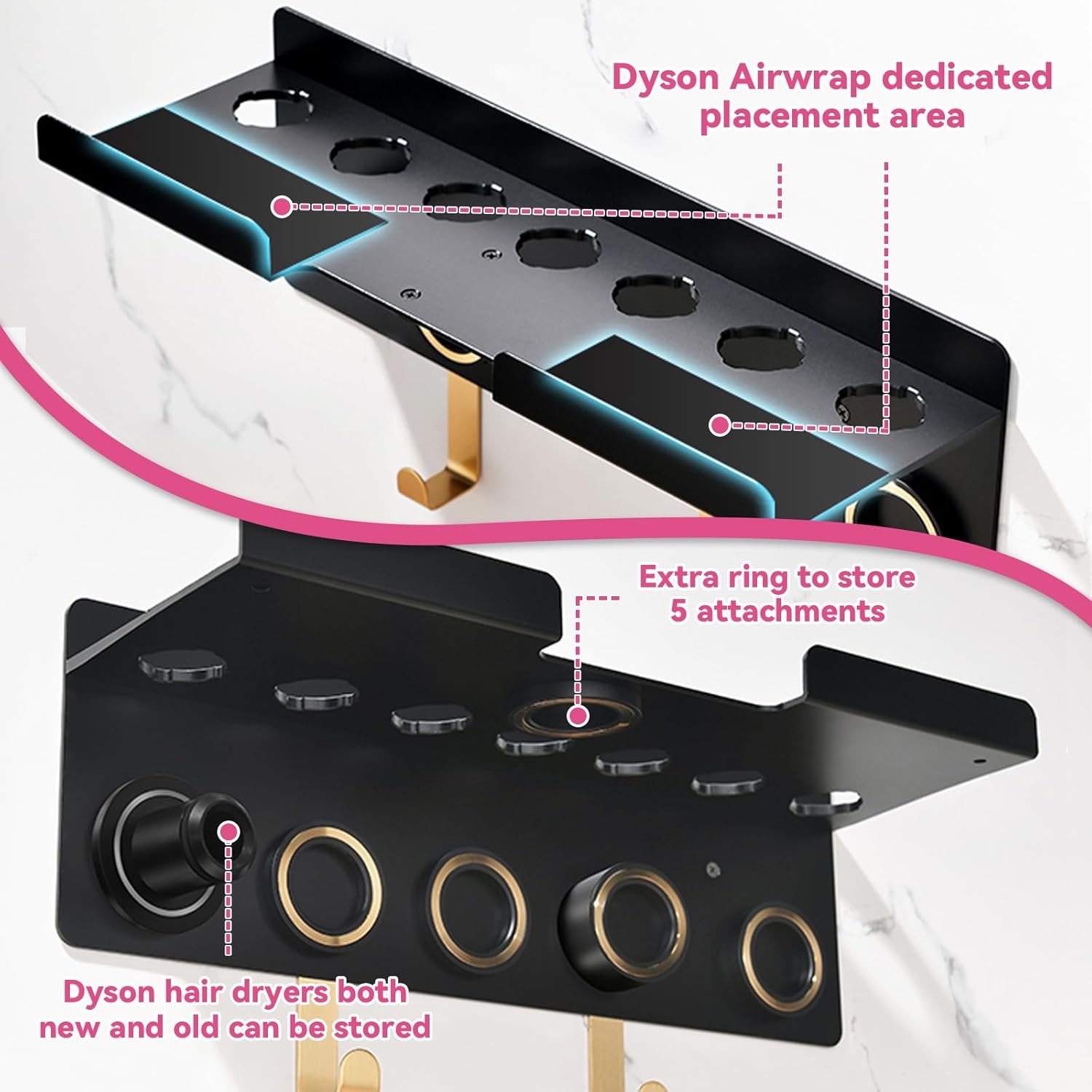 Wall Mount Holder for Dyson Airwrap Styler & HD16 Hair Dryer, 2-in-1 Curling Iron Organizer with Hooks, Magnetic Storage Rack for Accessories Nozzles Barrels Brushes