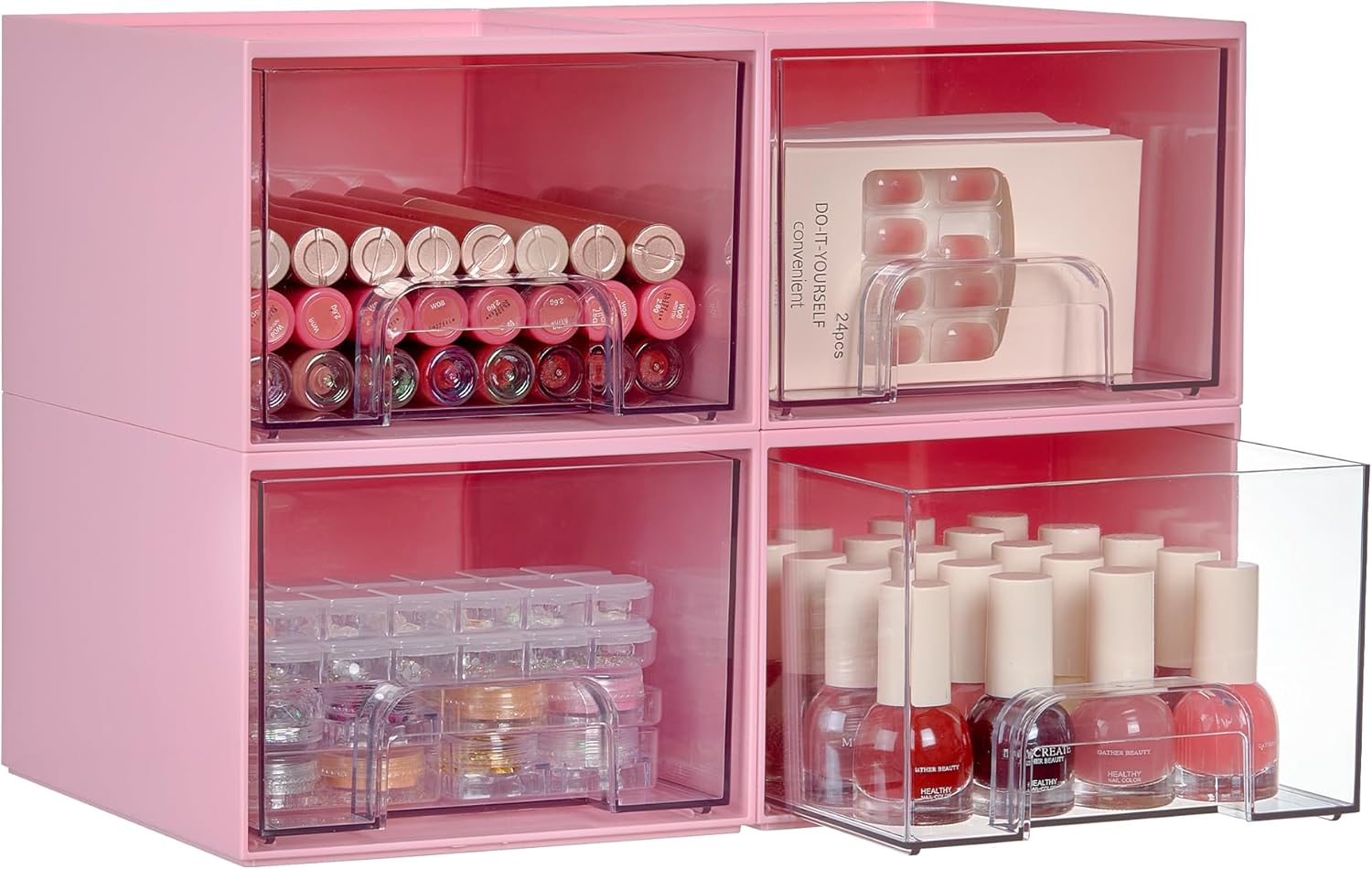 Vtopmart 4Pack Small Stackable Storage Drawers, Bathroom Makeup Organizer,Plastic Storage Bins For Vanity, Undersink, Kitchen Cabinets, Pantry, Home Organization(White)