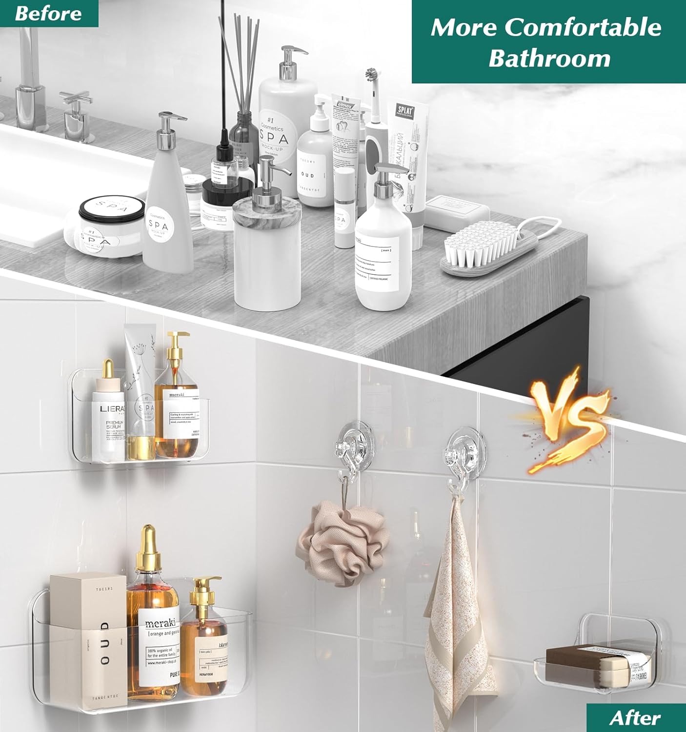 Shower Shelves, 5 Pack Adhesive Clear Acrylic Bathroom Shower Organizer Caddy, Transparent No Drilling Wall Mount Bathroom Storage with Soap Holder and Hooks