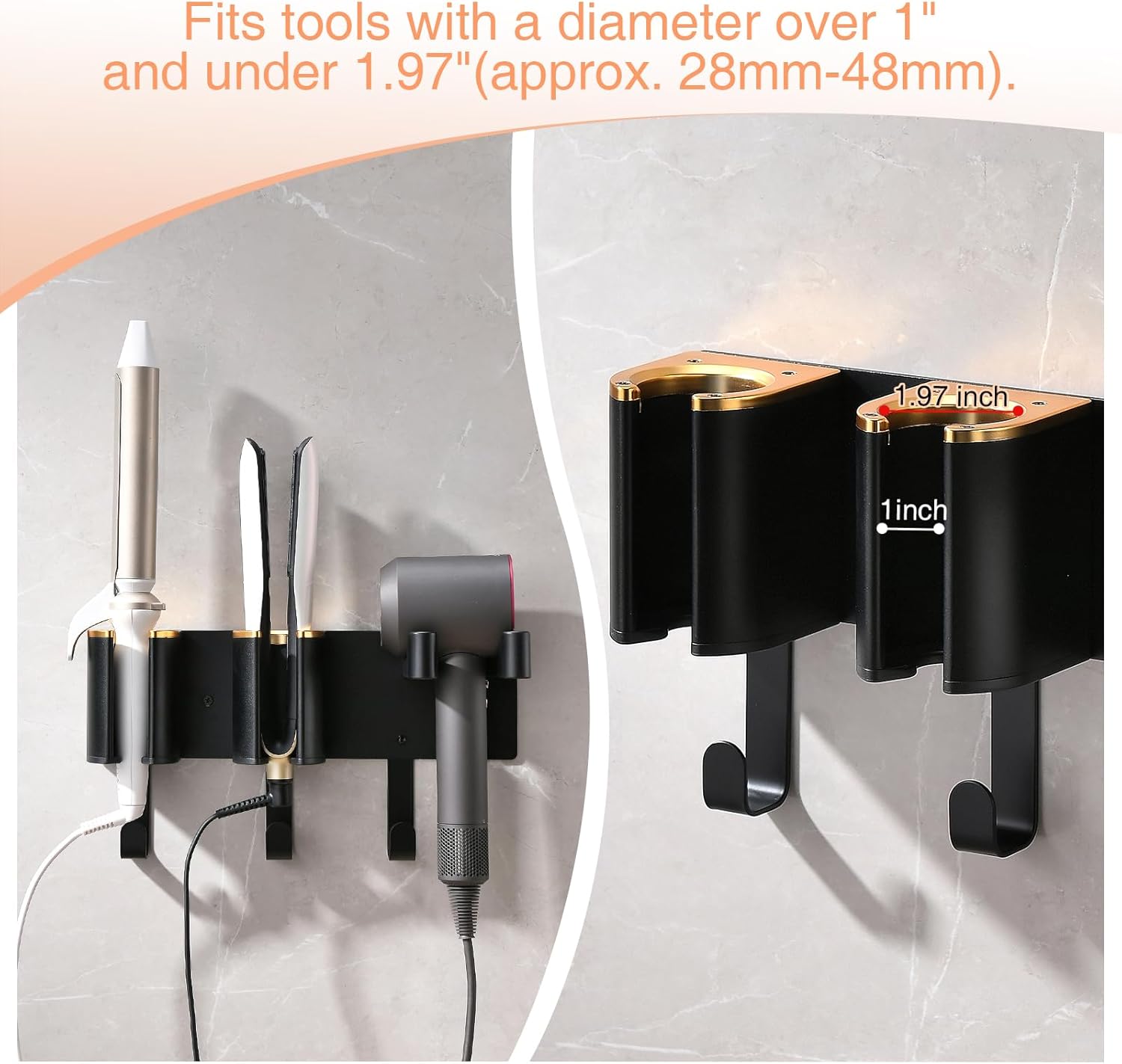 Hair Tools Organizer Holder, Wall-Mounted Holder for Blow Dryer Curling Iron Flat Iron, Metal & ABS Plastic, Black&Gold (Not Including Hair Tools)