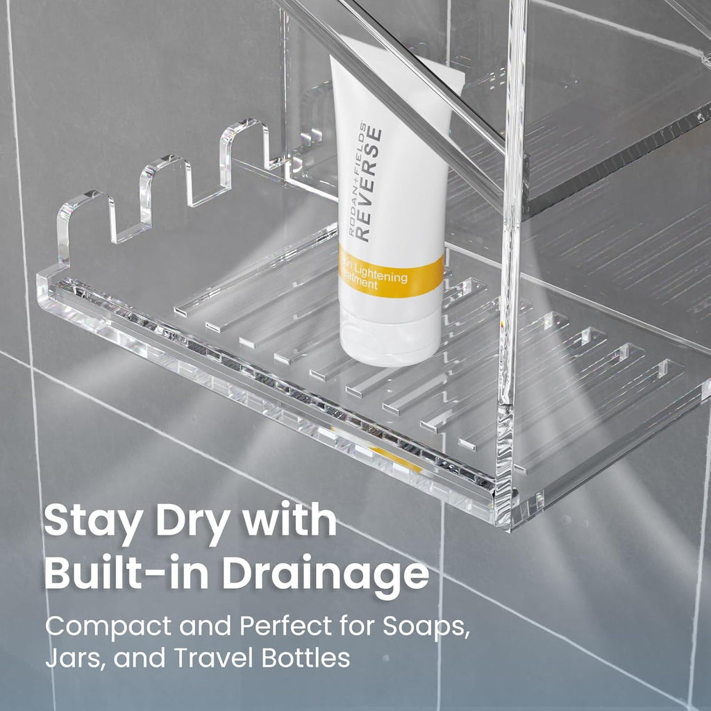 AITEE Acrylic Bathroom Organizer Caddy, Clear Shampoo Holder Wall Mounted, Shower Organizer with Suction Cup, No Drilling and Rustproof, Sturdy and Durable - Combination Shelf