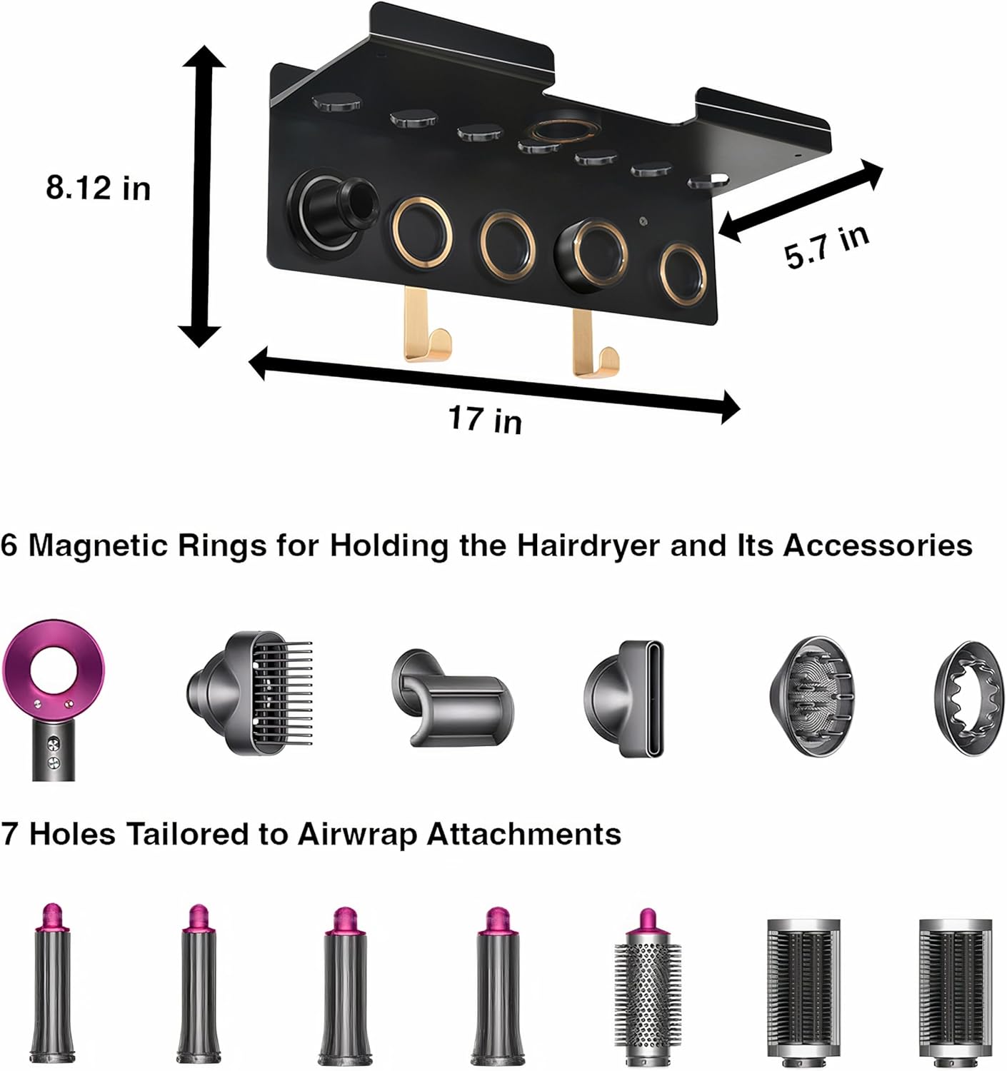 Upgraded 2-in-1 Holder Compatible with Dyson Airwrap and Hair Dryer, Suitable for Both Nural and Supersonic Models, Wall Mounted Stand to Organize Airwrap and Hair Dryer Attachments