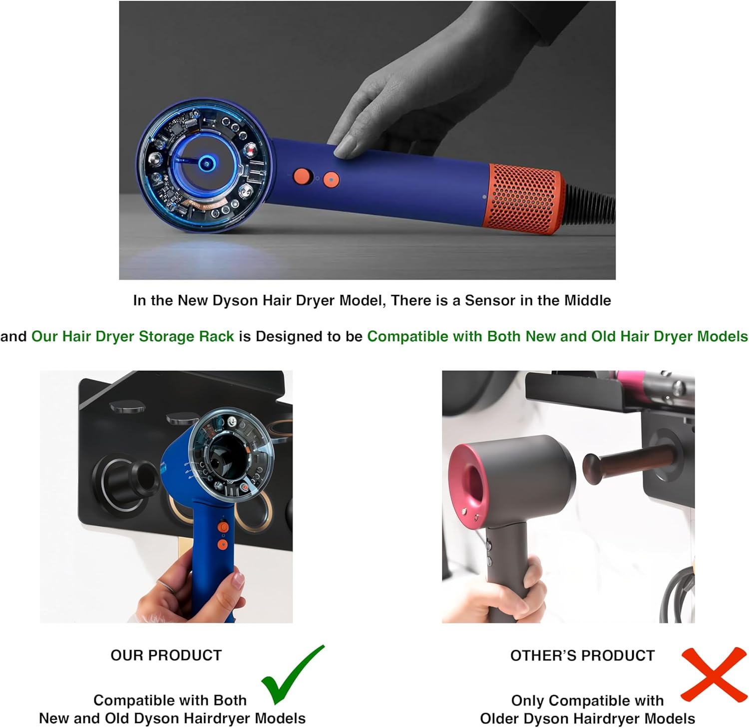 Upgraded 2-in-1 Holder Compatible with Dyson Airwrap and Hair Dryer, Suitable for Both Nural and Supersonic Models, Wall Mounted Stand to Organize Airwrap and Hair Dryer Attachments