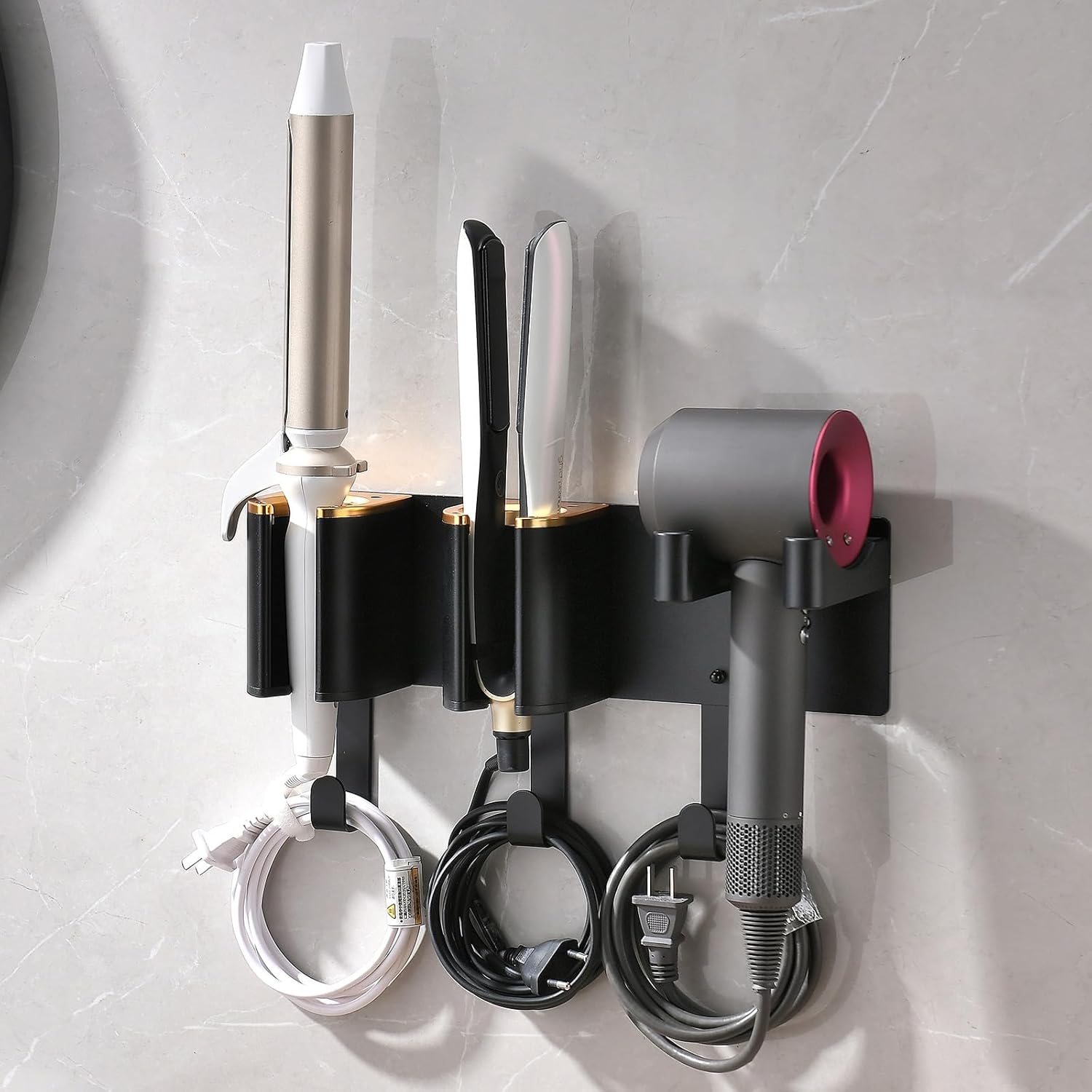 Hair Dryer Holder Wall Mount, Curling Iron Holder, 3 in 1 Hair Tool Organizer for Bathroom Vanity, Hair Straightener Holder, Aluminum Alloy (Hair Tools Not Included)