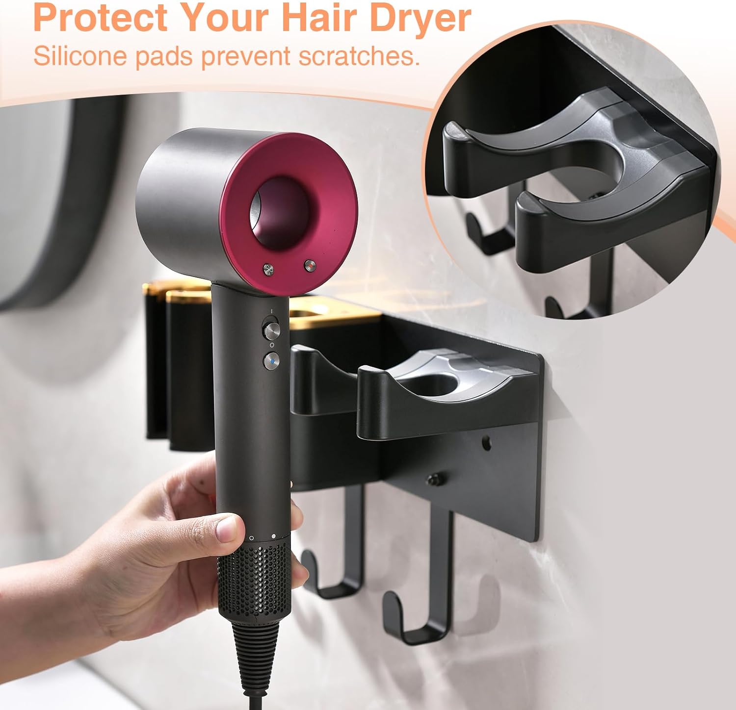 Hair Tools Organizer Holder, Wall-Mounted Holder for Blow Dryer Curling Iron Flat Iron, Metal & ABS Plastic, Black&Gold (Not Including Hair Tools)