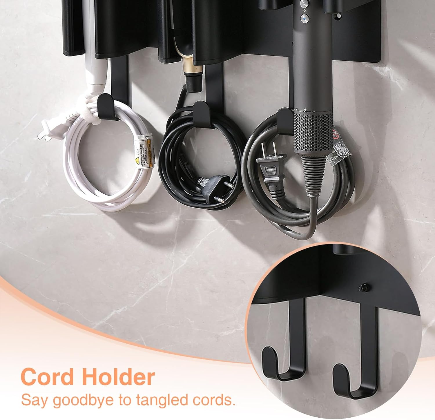 Hair Tools Organizer Holder, Wall-Mounted Holder for Blow Dryer Curling Iron Flat Iron, Metal & ABS Plastic, Black&Gold (Not Including Hair Tools)