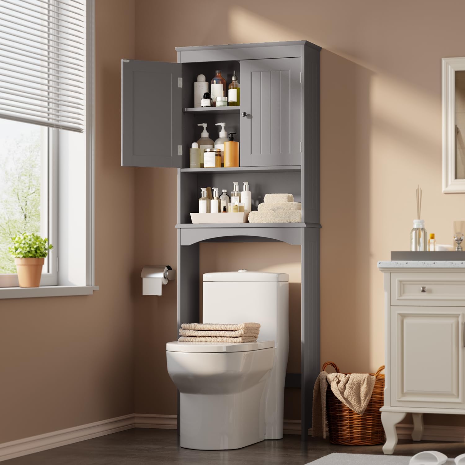 Gizoon Over The Toilet Storage Cabinet with Adjustable Shelf and Double Doors, Bathroom Space Saver Organizer Above Toilet with Open Shelf, Taller Wooden Free Standing Toilet Rack -White