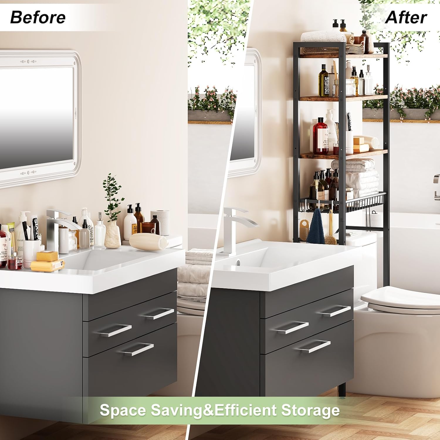 Over-The-Toilet Storage Rack, 4-Tier Bathroom Organizer Shelf Over Toilet with Adjustable Shelf and Basket, Freestanding Space Saver Bathroom Shelves Above Toilet for Room (Vintage Brown)