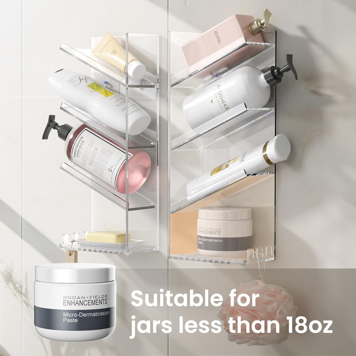 AITEE Acrylic Bathroom Organizer Caddy, Clear Shampoo Holder Wall Mounted, Shower Organizer with Suction Cup, No Drilling and Rustproof, Sturdy and Durable - Combination Shelf